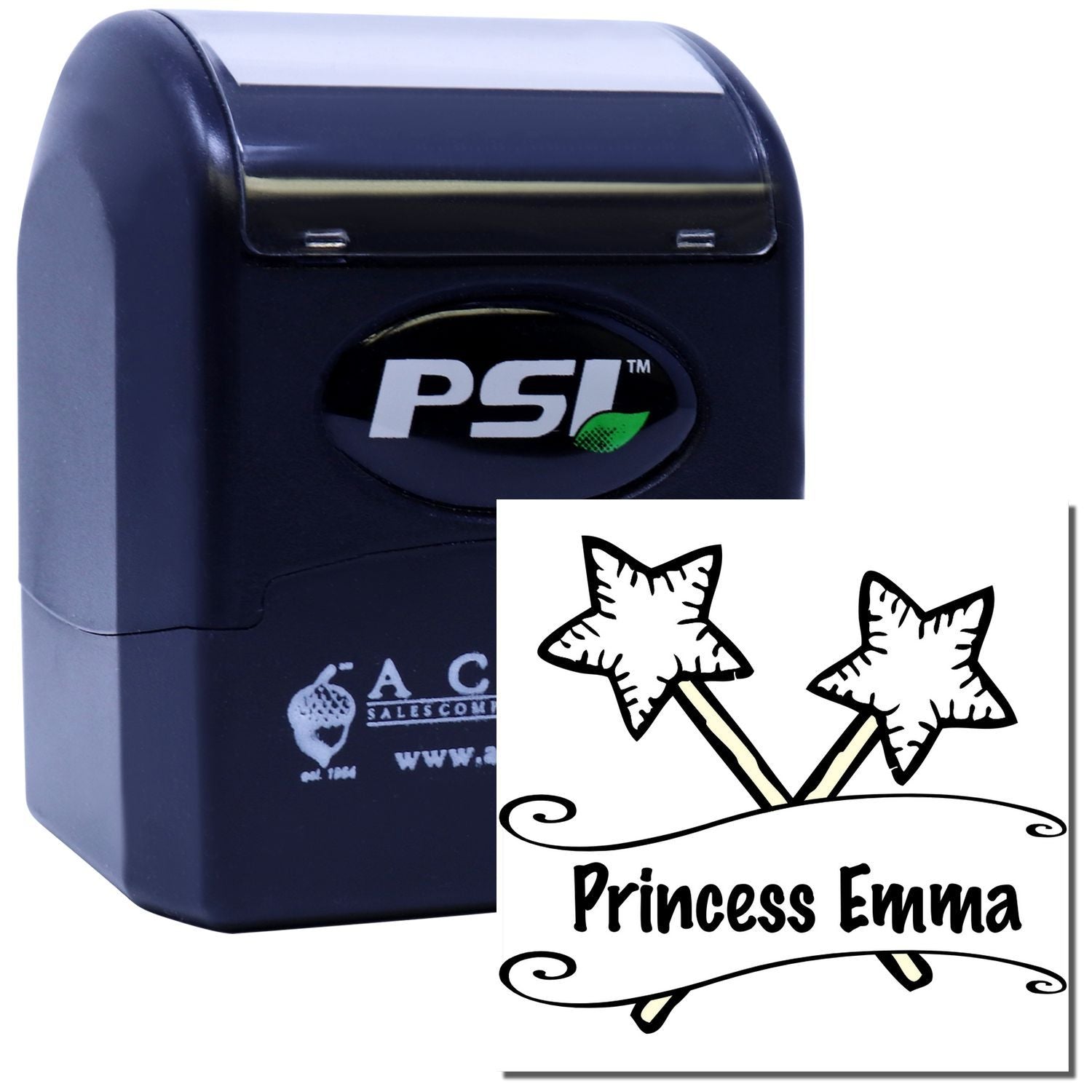 PSI self-inking custom rubber stamp with Princess Emma star design for personalized stamping