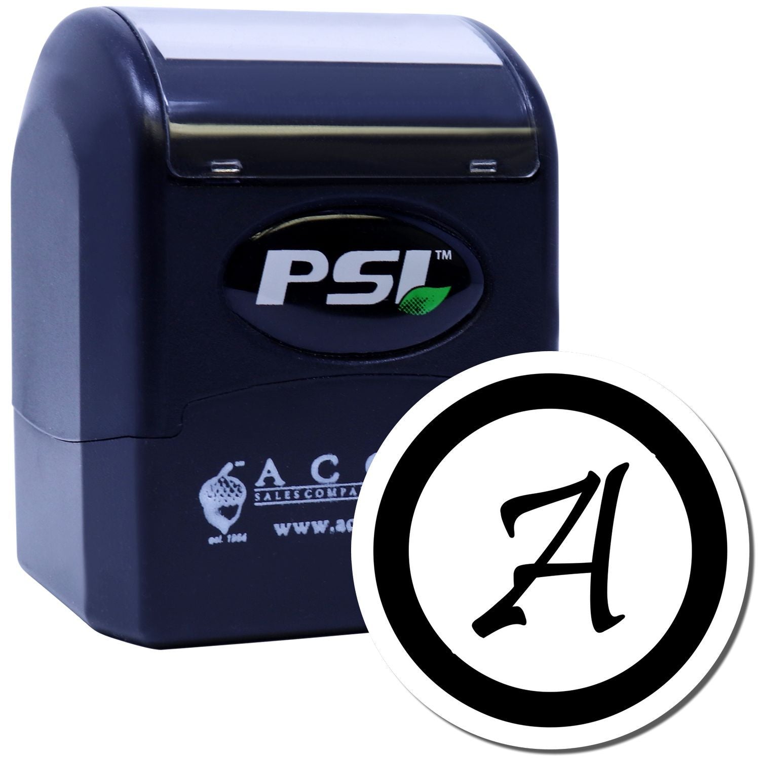 PSI self-inking rubber stamp with custom letter A for business, office, and branding use.