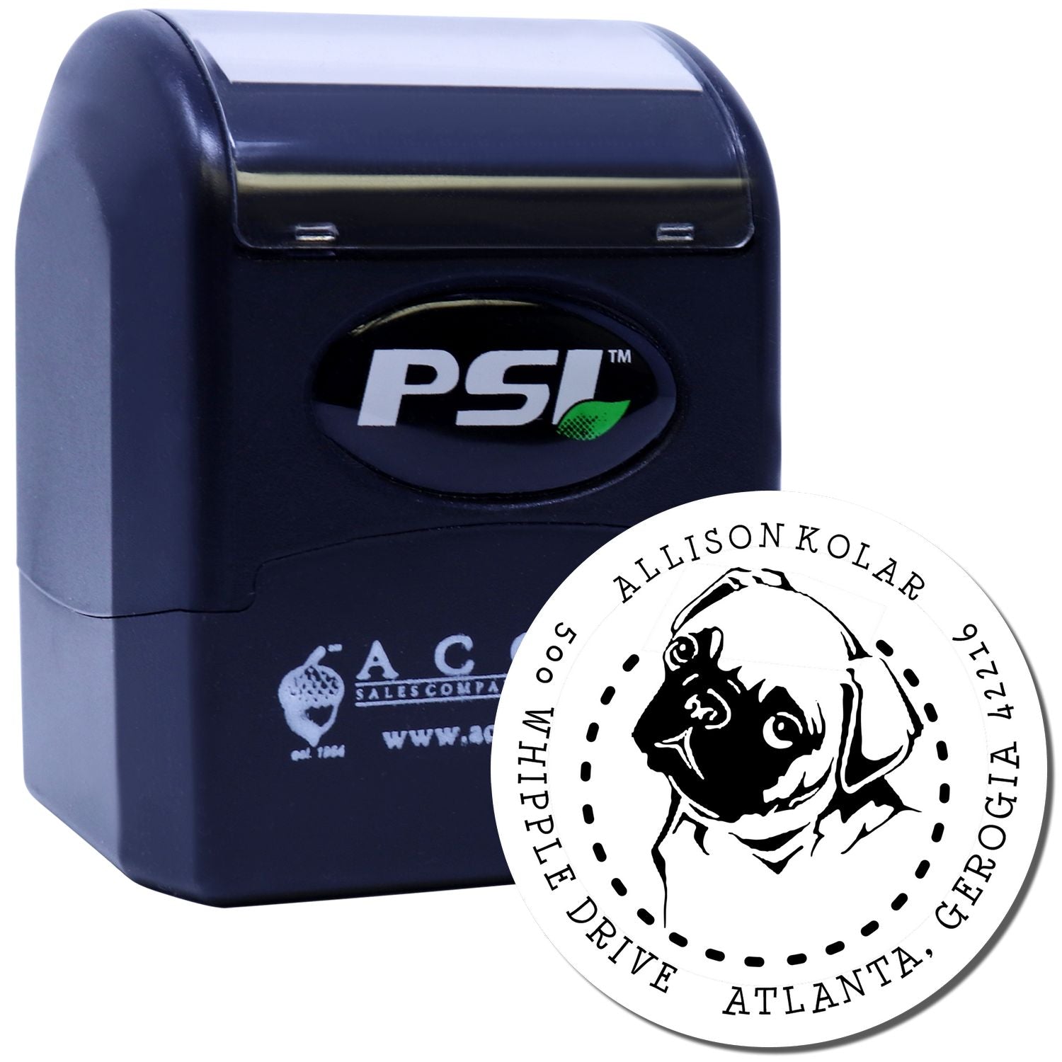 PSI self-inking custom rubber stamp with personalized dog return address design for pet owners in Atlanta, Georgia.