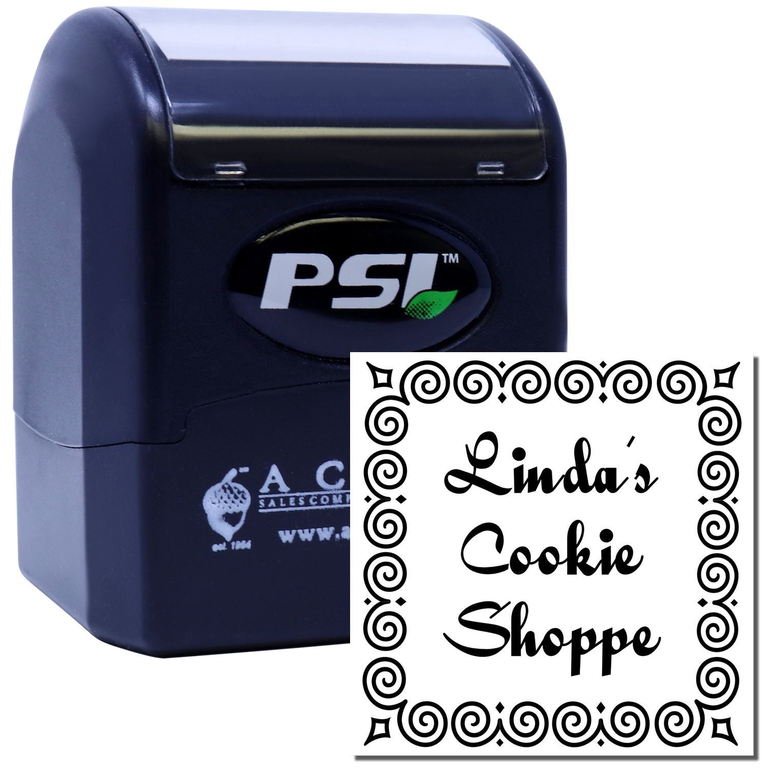 Custom self-inking rubber stamp with Linda's Cookie Shoppe design for bakery branding and packaging.