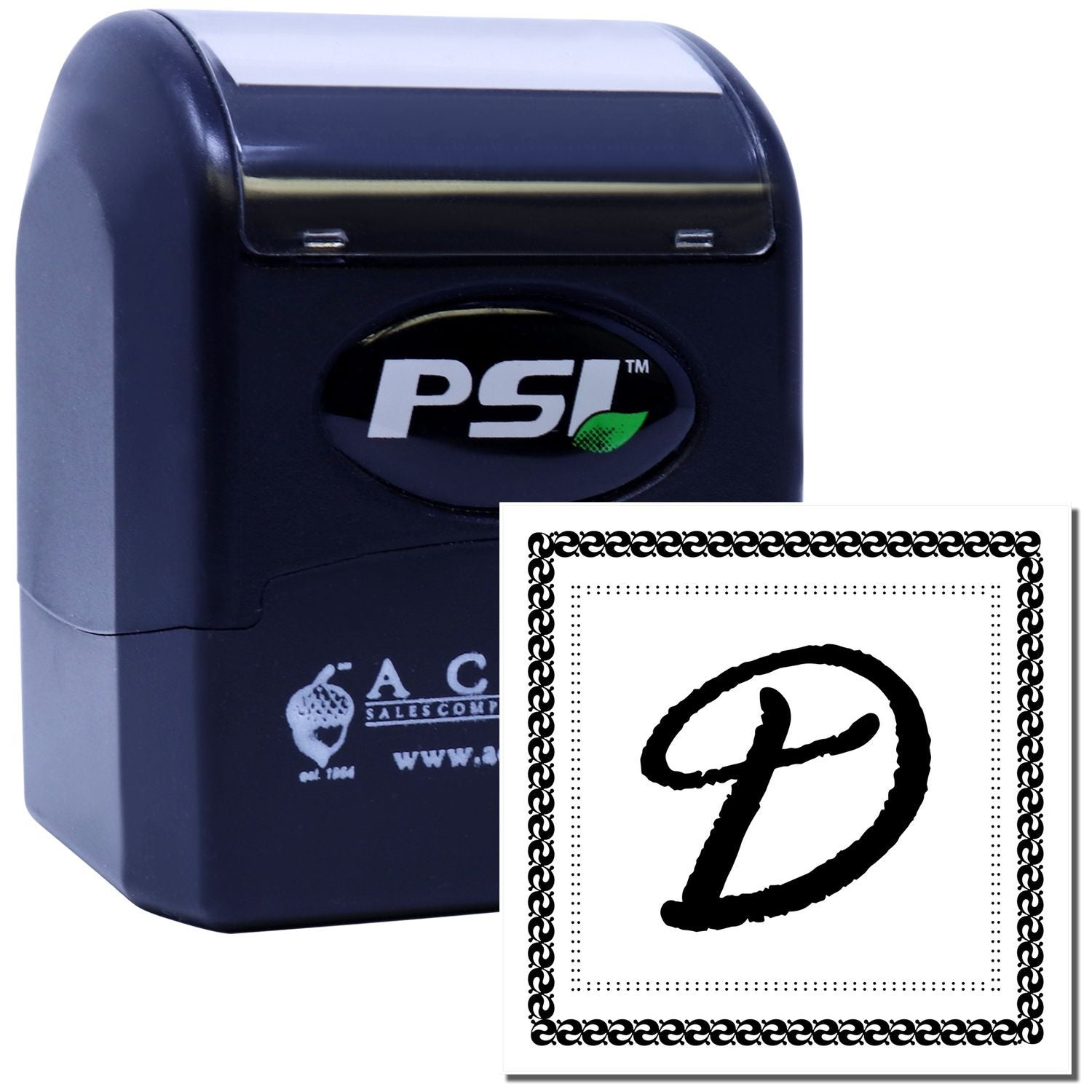 PSI self-inking rubber stamp with decorative monogram D design for custom business or personal branding.