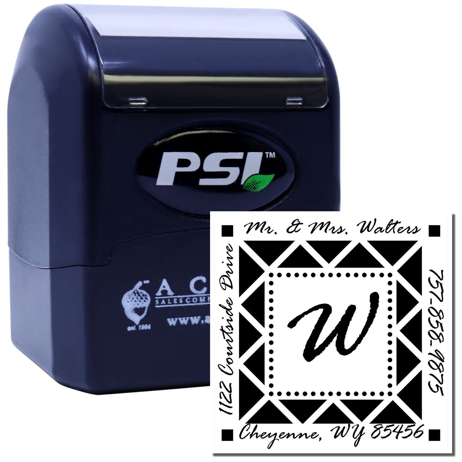PSI self-inking custom address rubber stamp with Mr. & Mrs. Walters, Cheyenne, WY return address design.