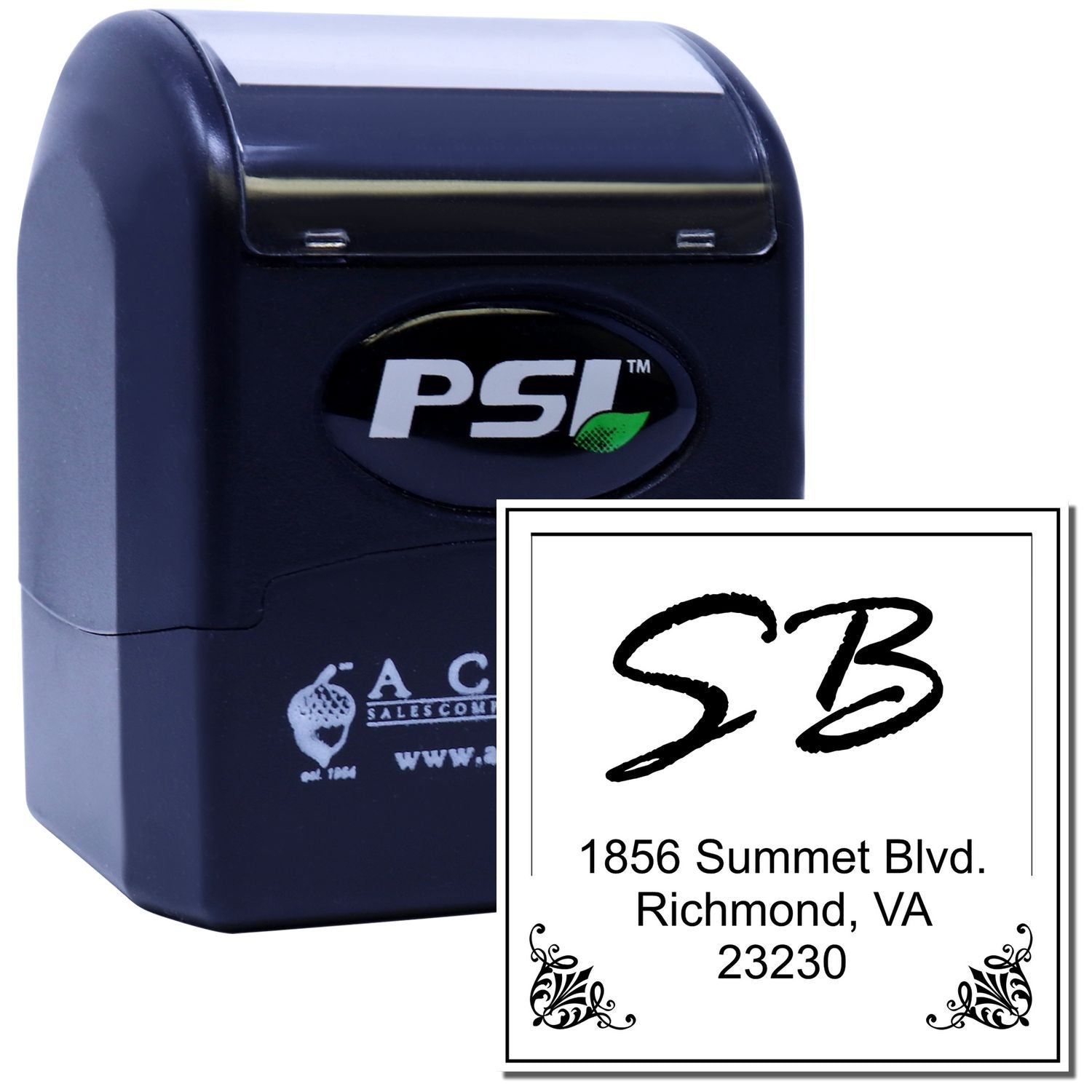 PSI self-inking rubber stamp showing a custom return address imprint for business mail and correspondence