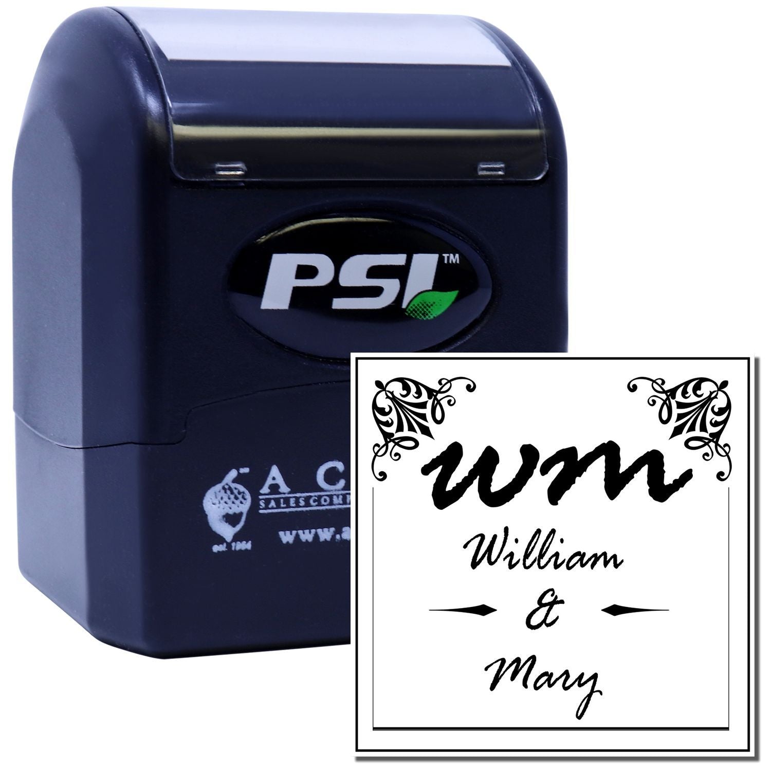 PSI self-inking rubber stamp with custom William and Mary wedding monogram design for personalized invitations and stationery