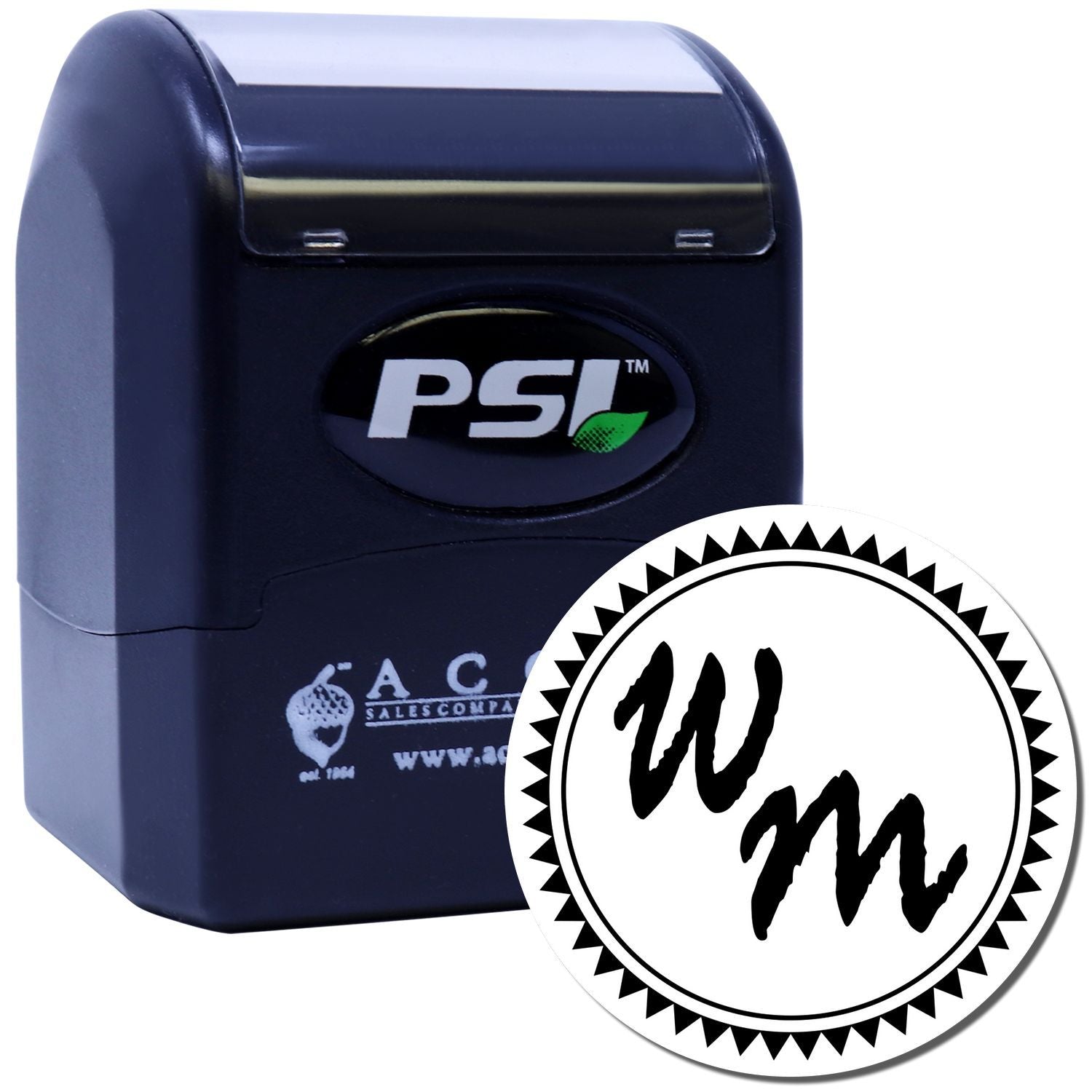PSI self-inking custom rubber stamp with circular monogram design for personalized business or wedding use