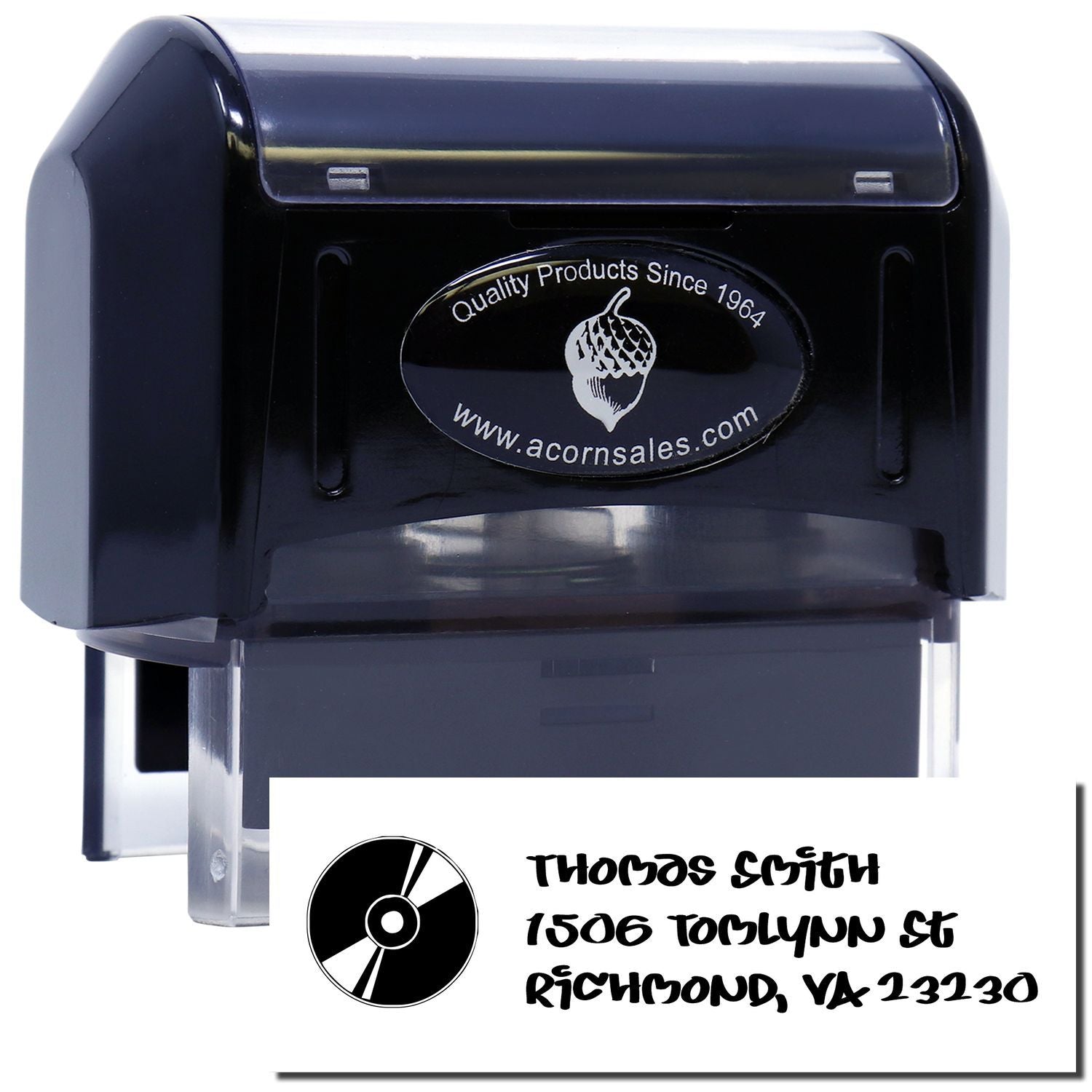 Custom self-inking rubber address stamp with logo for professional business mailing and branding.