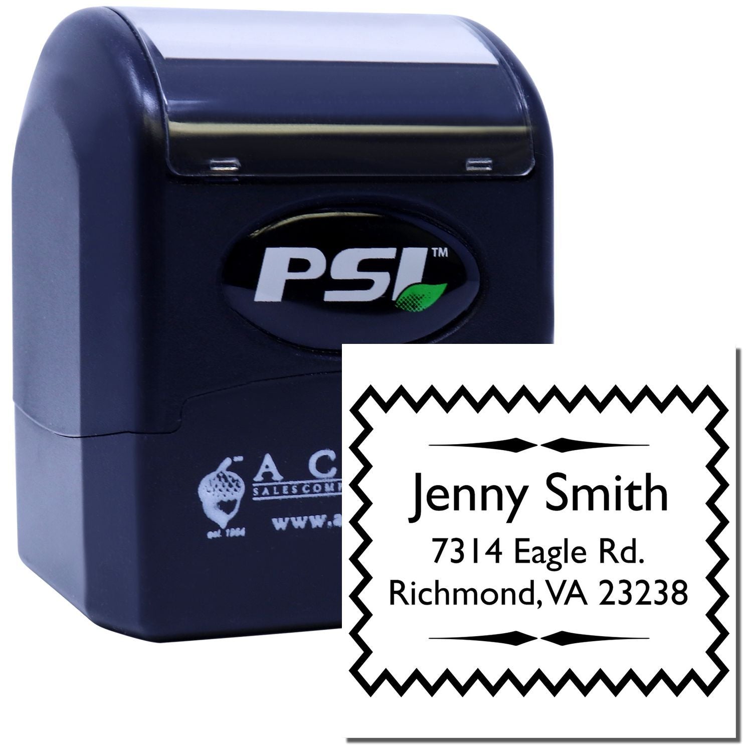 PSI self-inking custom address rubber stamp with sample imprint for Jenny Smith, Richmond VA return address.