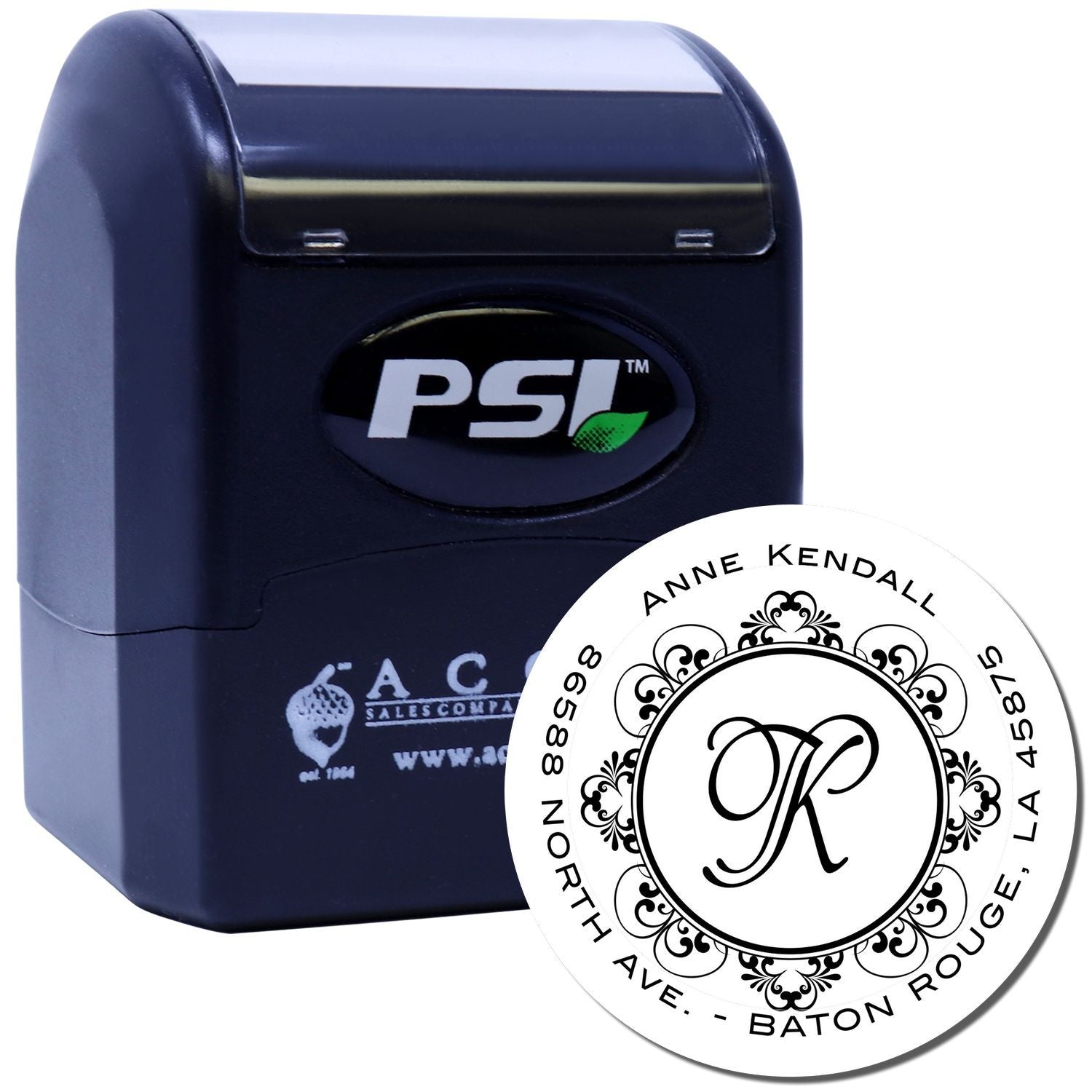 PSI self-inking custom address rubber stamp with monogram design, personalized name, and return address for envelopes and mail.