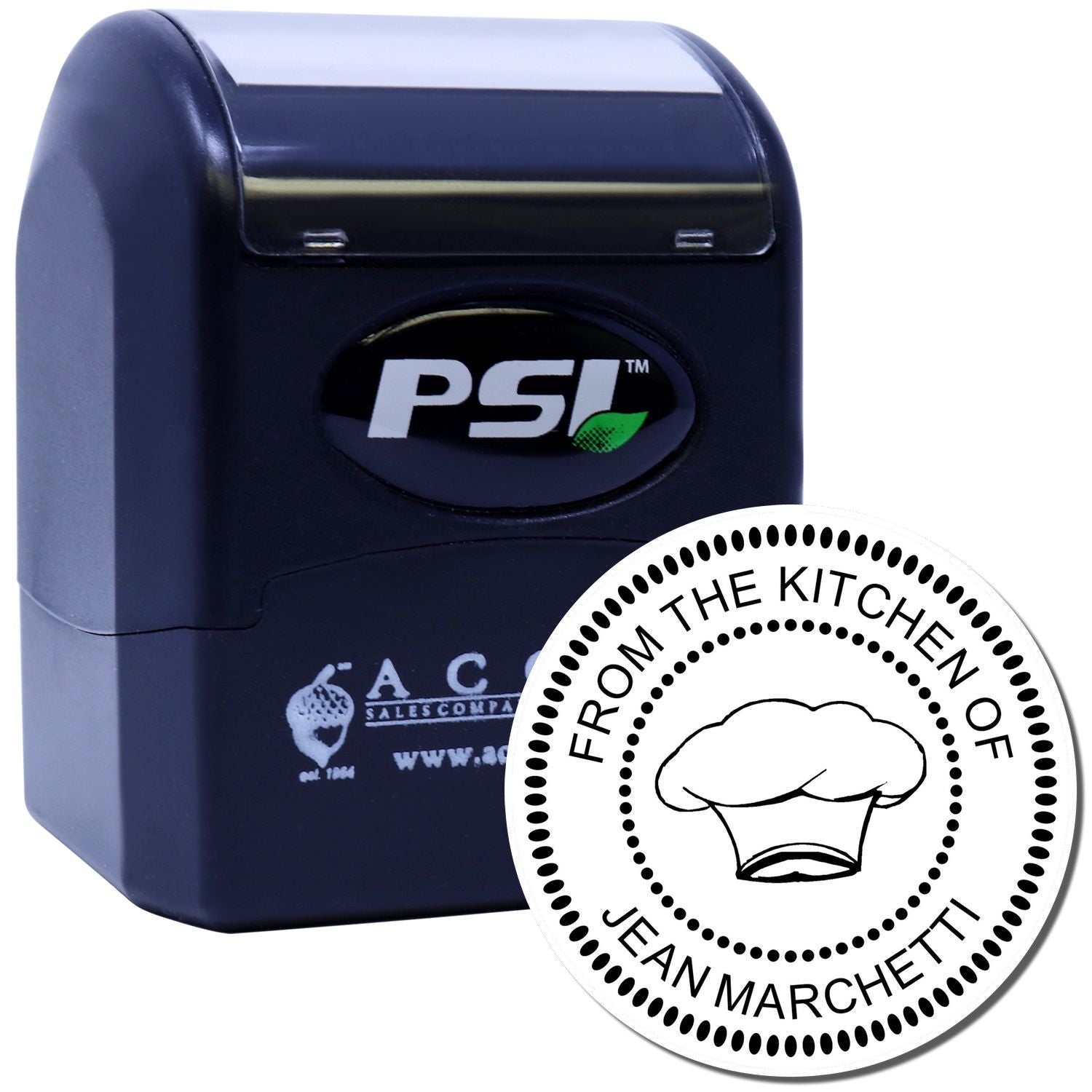 Custom PSI self-inking rubber stamp with chef hat logo and From the Kitchen of Jean Marchetti text for kitchen branding.