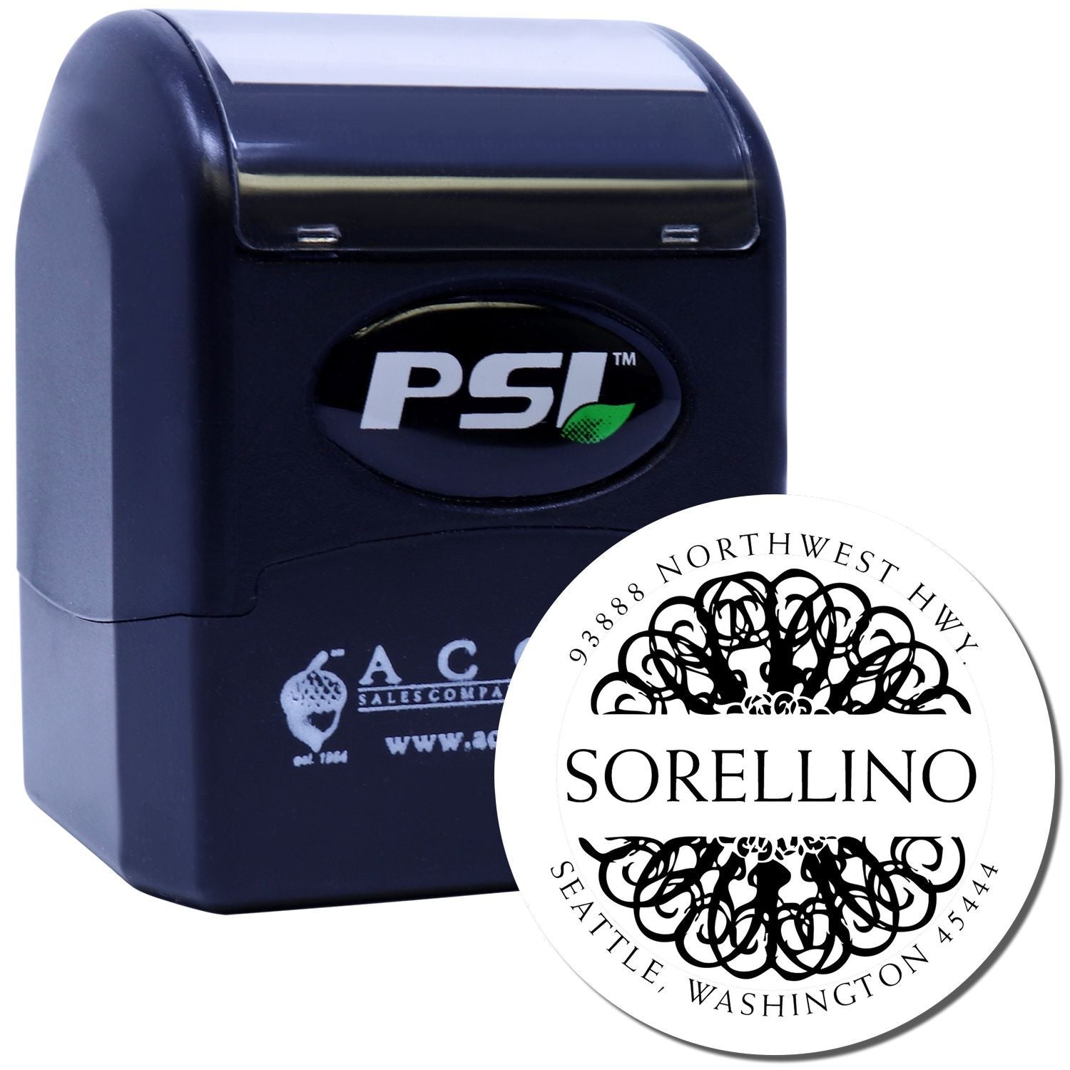 PSI self-inking rubber stamp with custom round address imprint for Sorellino, Seattle, WA
