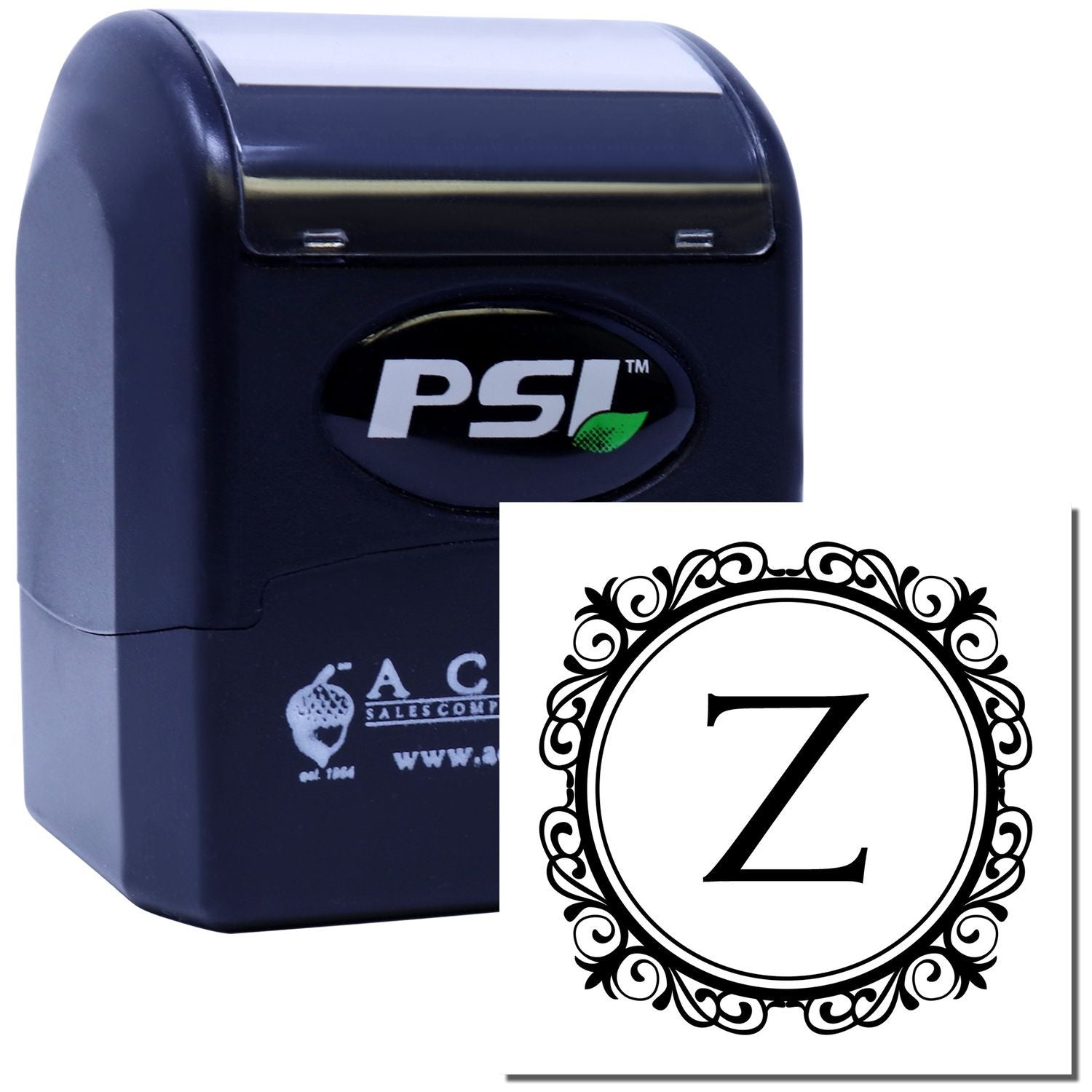 PSI self-inking rubber stamp with ornate letter Z monogram, ideal for custom branding, labels, and personalized stationery.