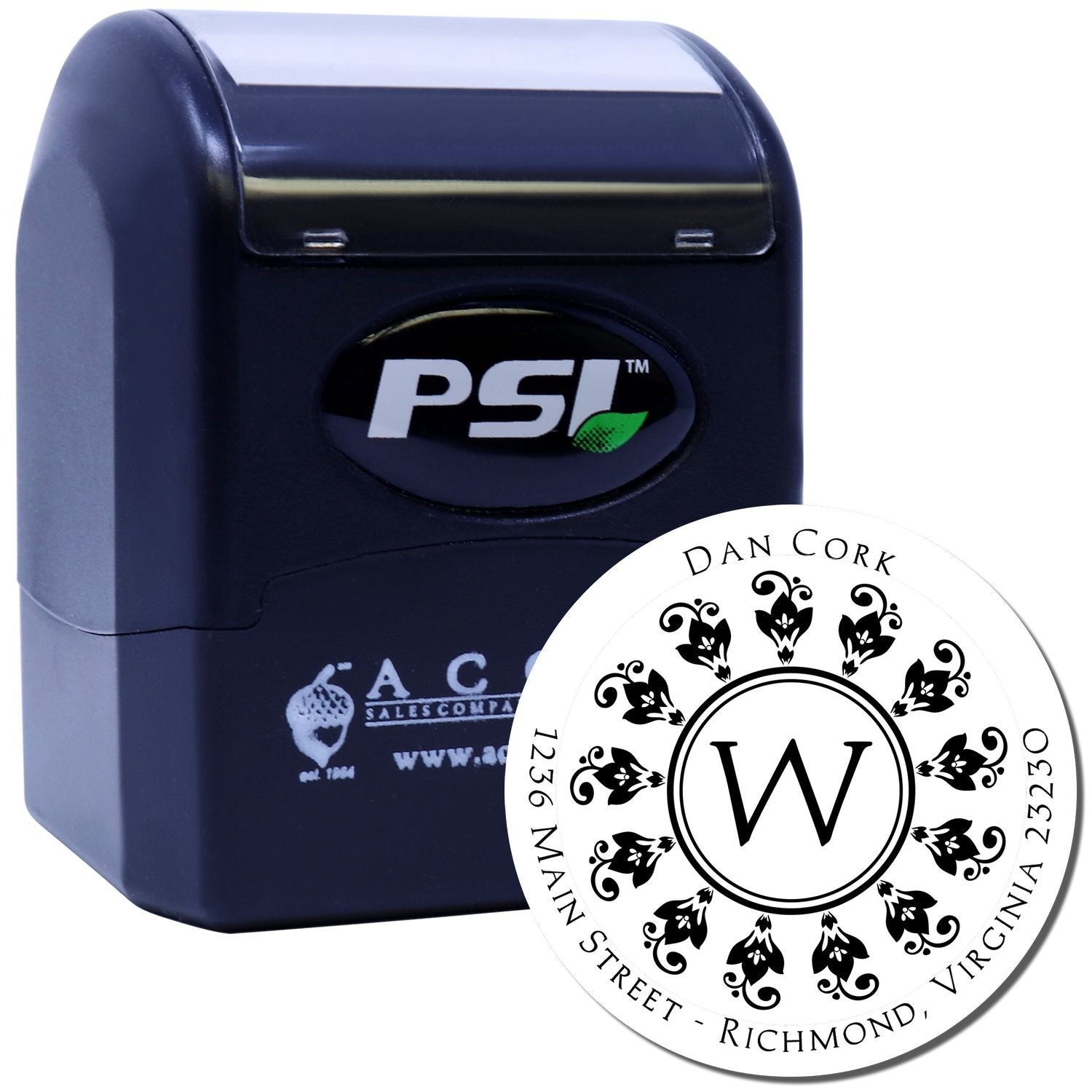 Custom self-inking rubber stamp with monogram address design for personalized business, wedding, or return mailings.