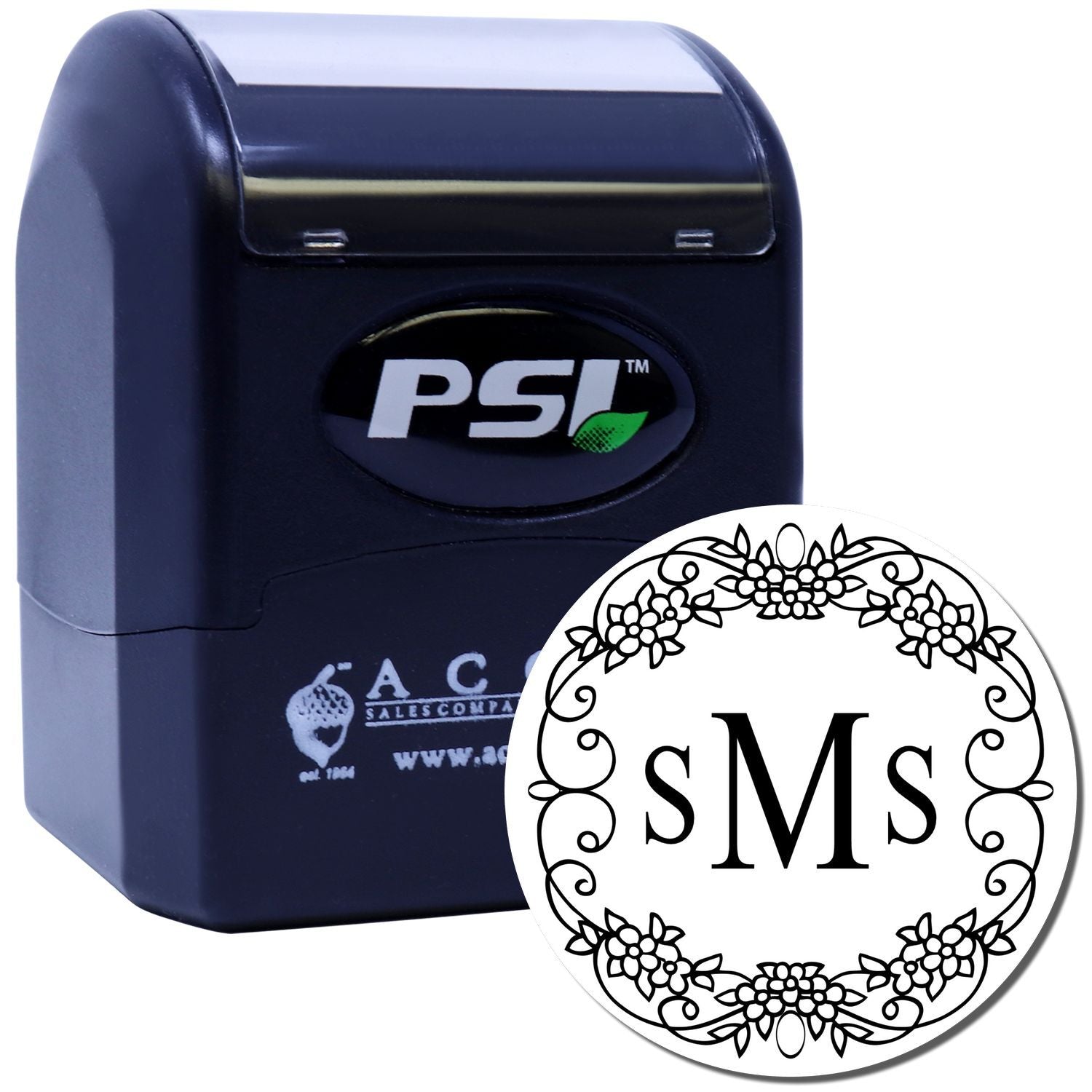 PSI self-inking custom rubber stamp with floral monogram design for personalized stationery and wedding favors