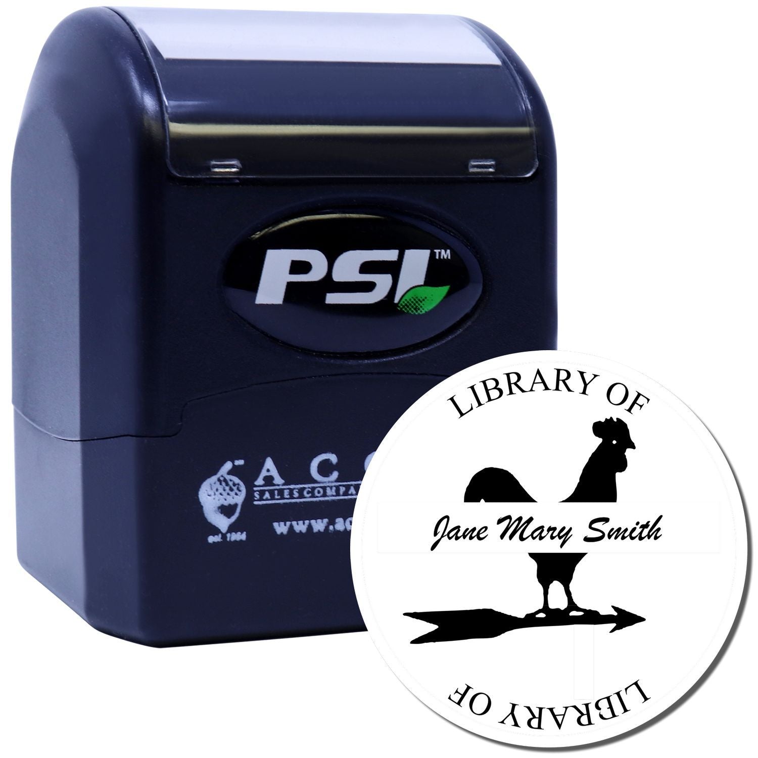 PSI self-inking rubber stamp with custom Library of stamp design featuring rooster silhouette and Jane Mary Smith name.