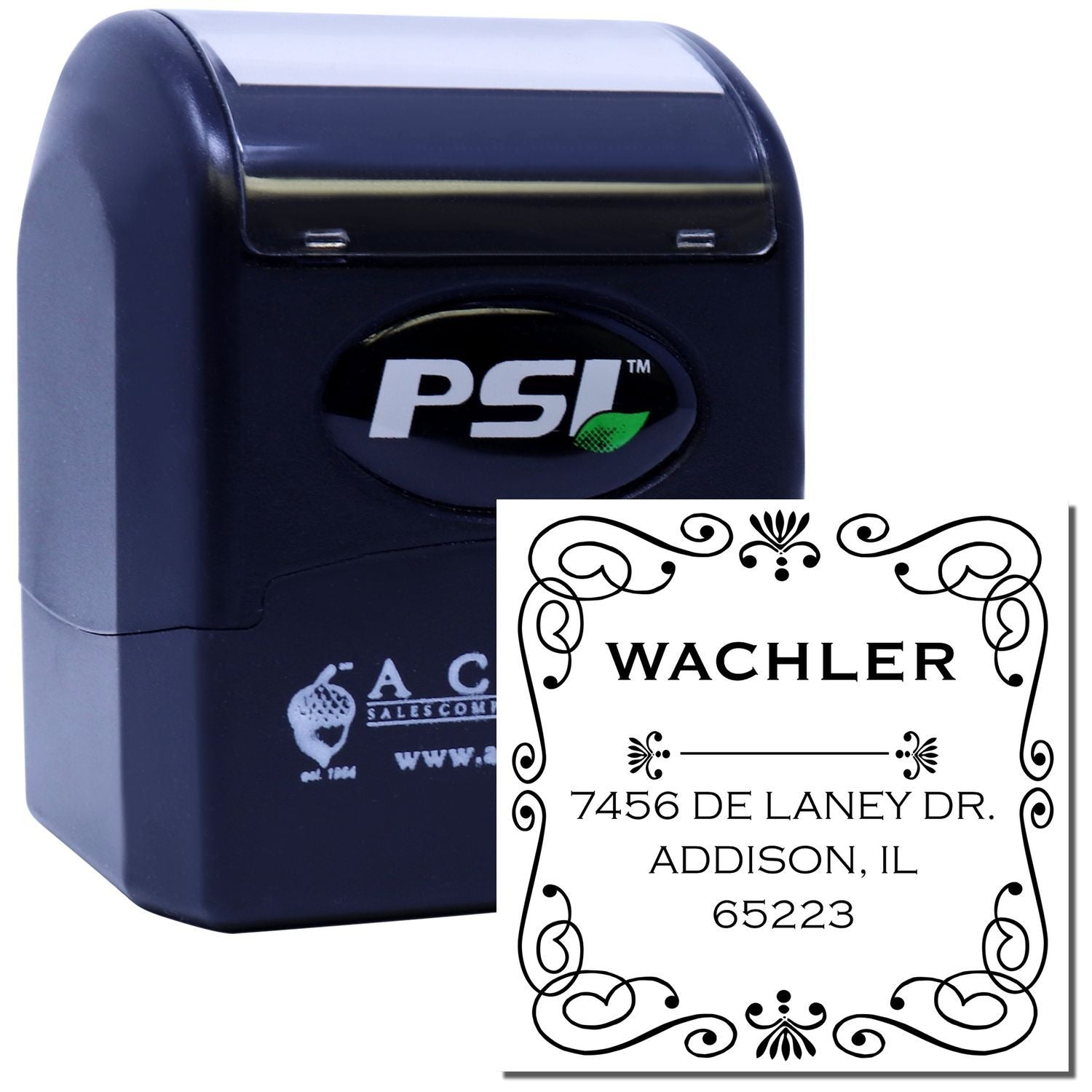 PSI self-inking rubber address stamp with decorative custom name and return address design for envelopes and business mail.