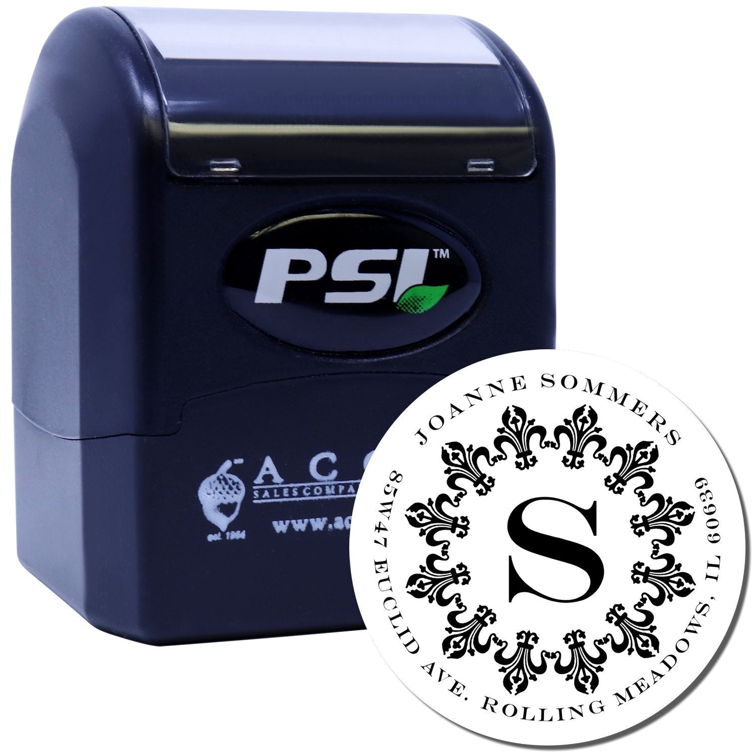 PSI self-inking rubber stamp with custom monogram S design for personalized business or address stamping