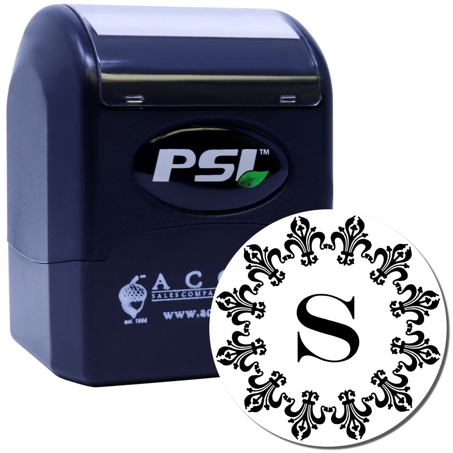 PSI self-inking rubber stamp with ornate monogram S design for custom initials, branding, or personalized stationery.