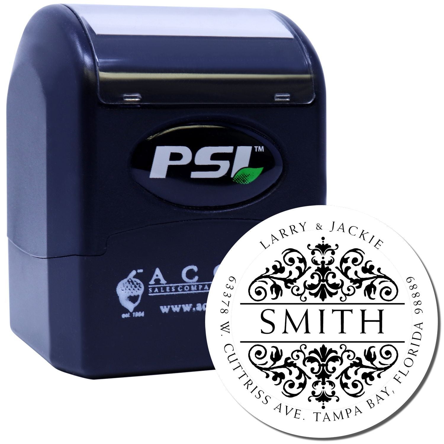 PSI custom self-inking rubber stamp with personalized round return address stamp design for the Smith family