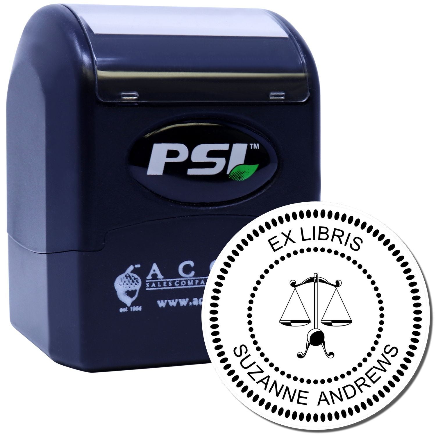 PSI custom rubber stamp with Ex Libris bookplate design and Suzanne Andrews name, ideal for personalized library stamps.