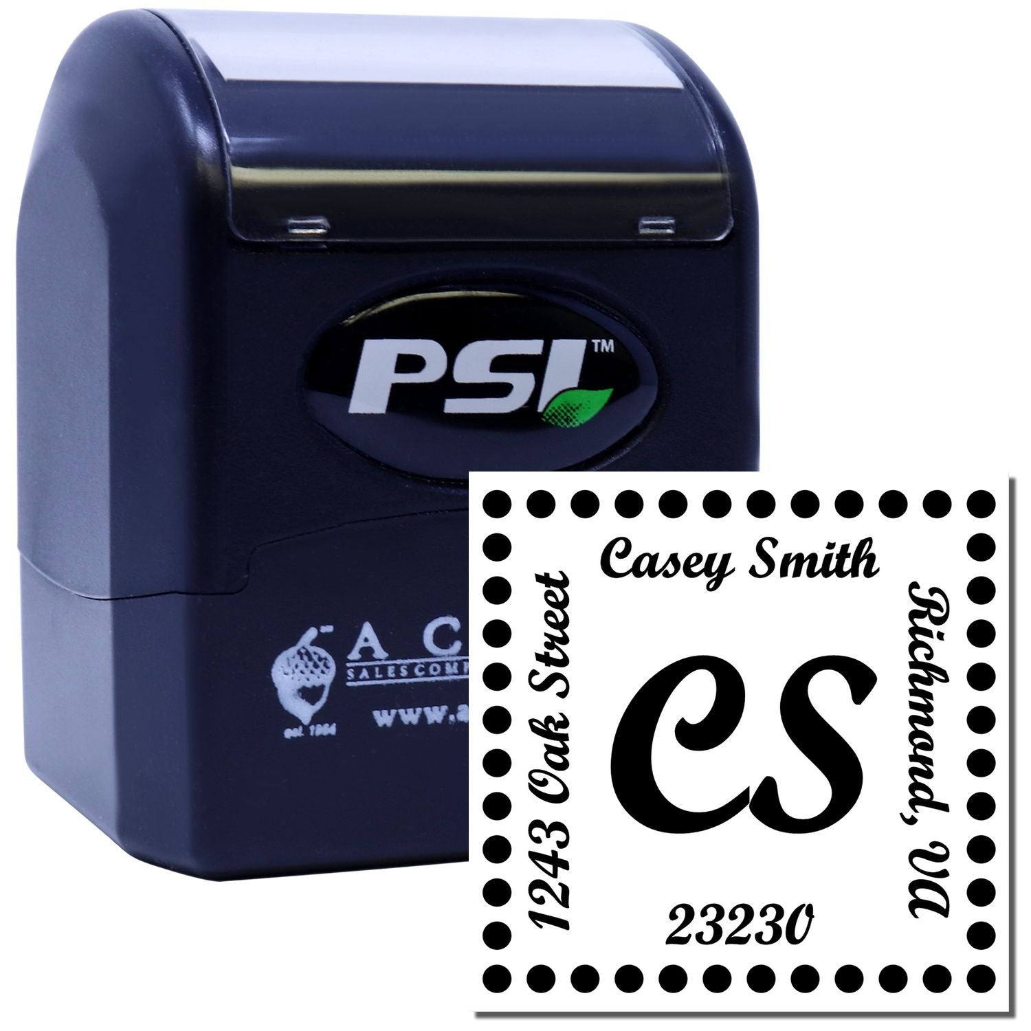 PSI self-inking custom address rubber stamp with Casey Smith, 123 Oak Street, Richmond, VA 23230 imprint