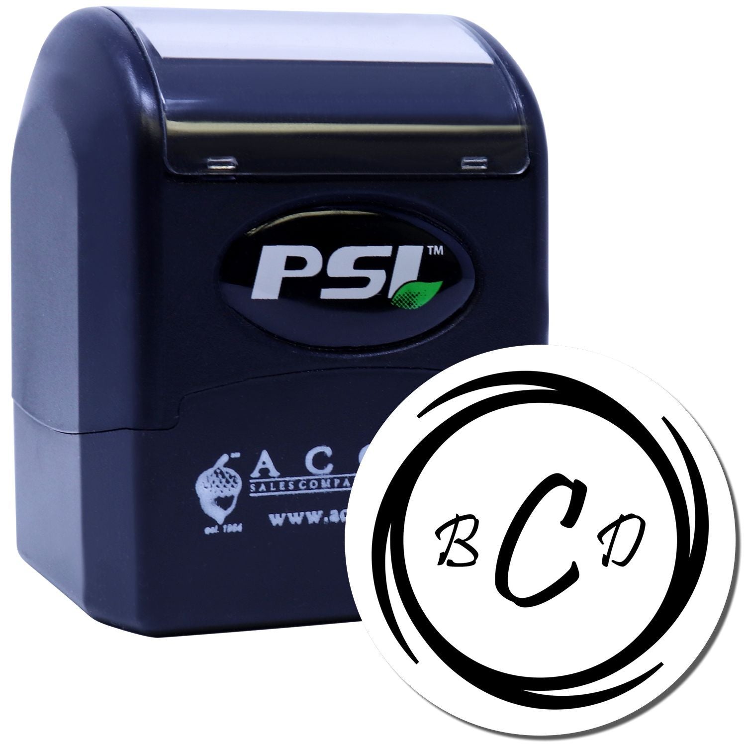 PSI self-inking custom rubber stamp with circular monogram logo for business branding.