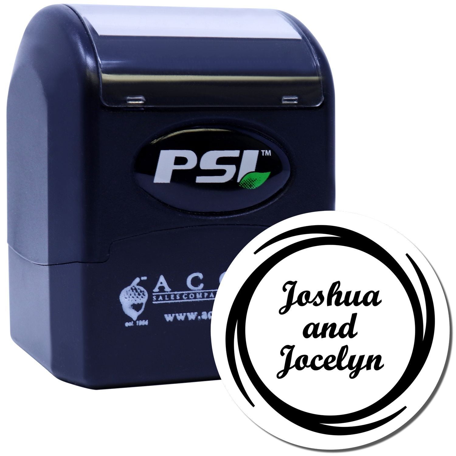 Custom self-inking rubber stamp for Joshua and Jocelyn, perfect for personalized name stamping.