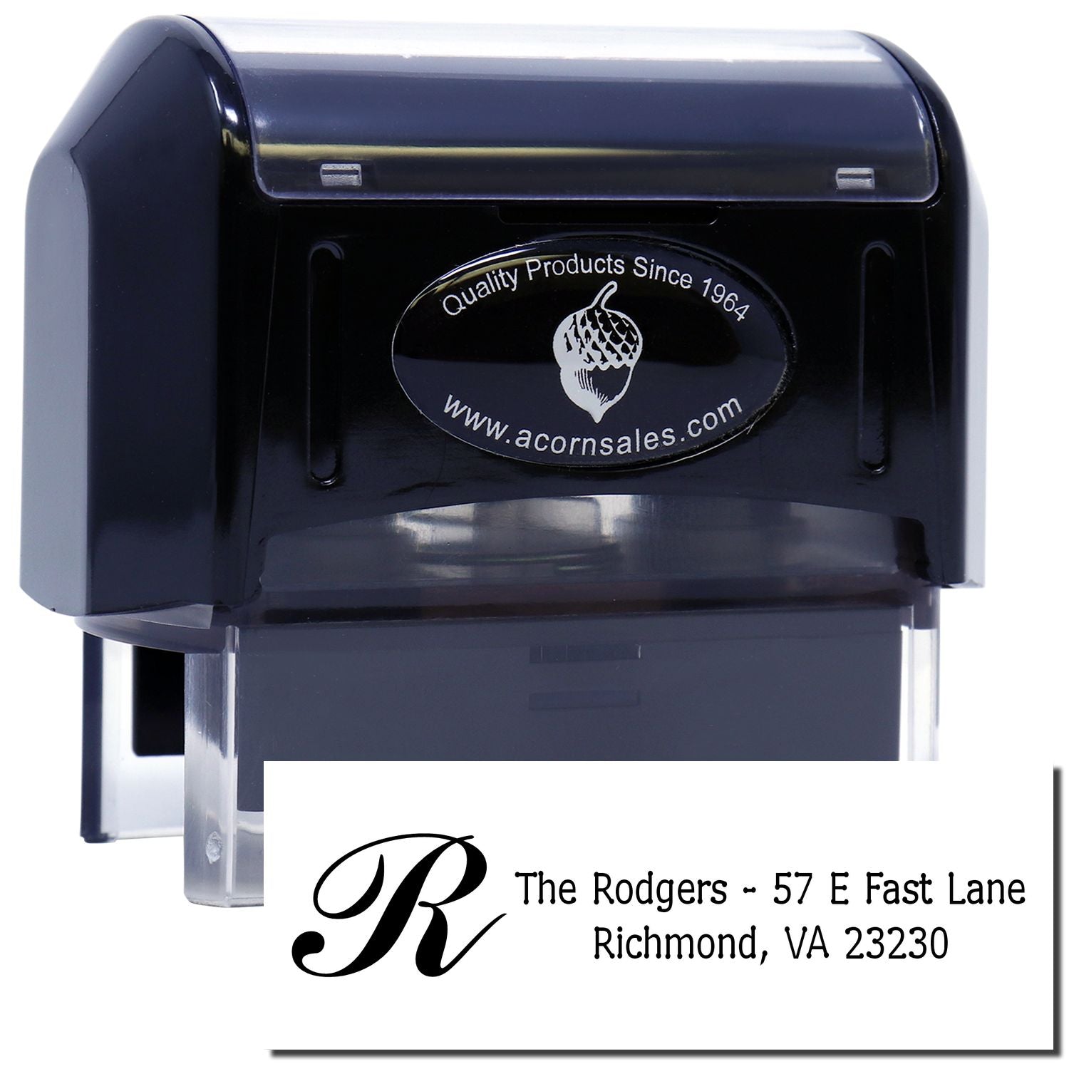 Custom self-inking address rubber stamp with monogram R for personalized return address printing in Richmond, VA