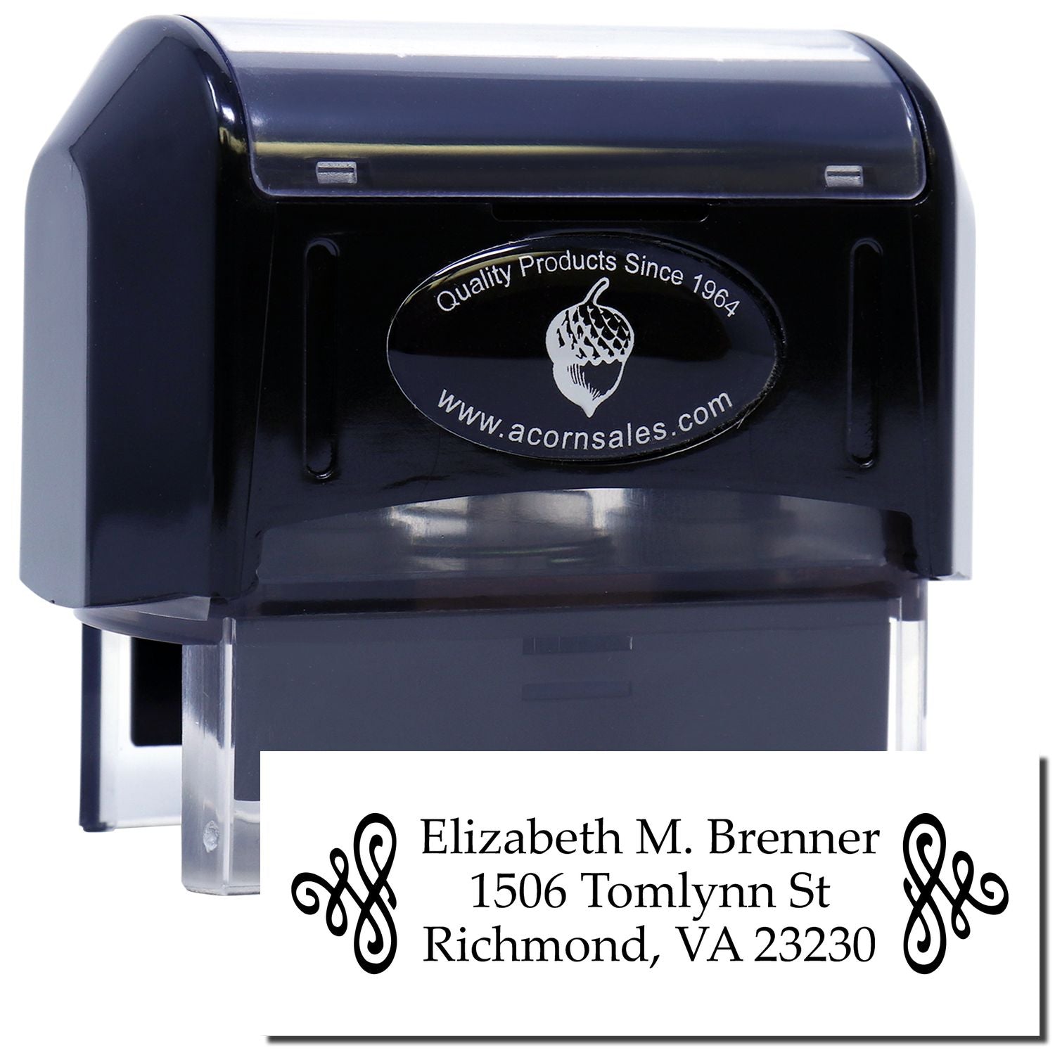 Custom self-inking rubber address stamp with name and Richmond, VA return address for mailing and business use.