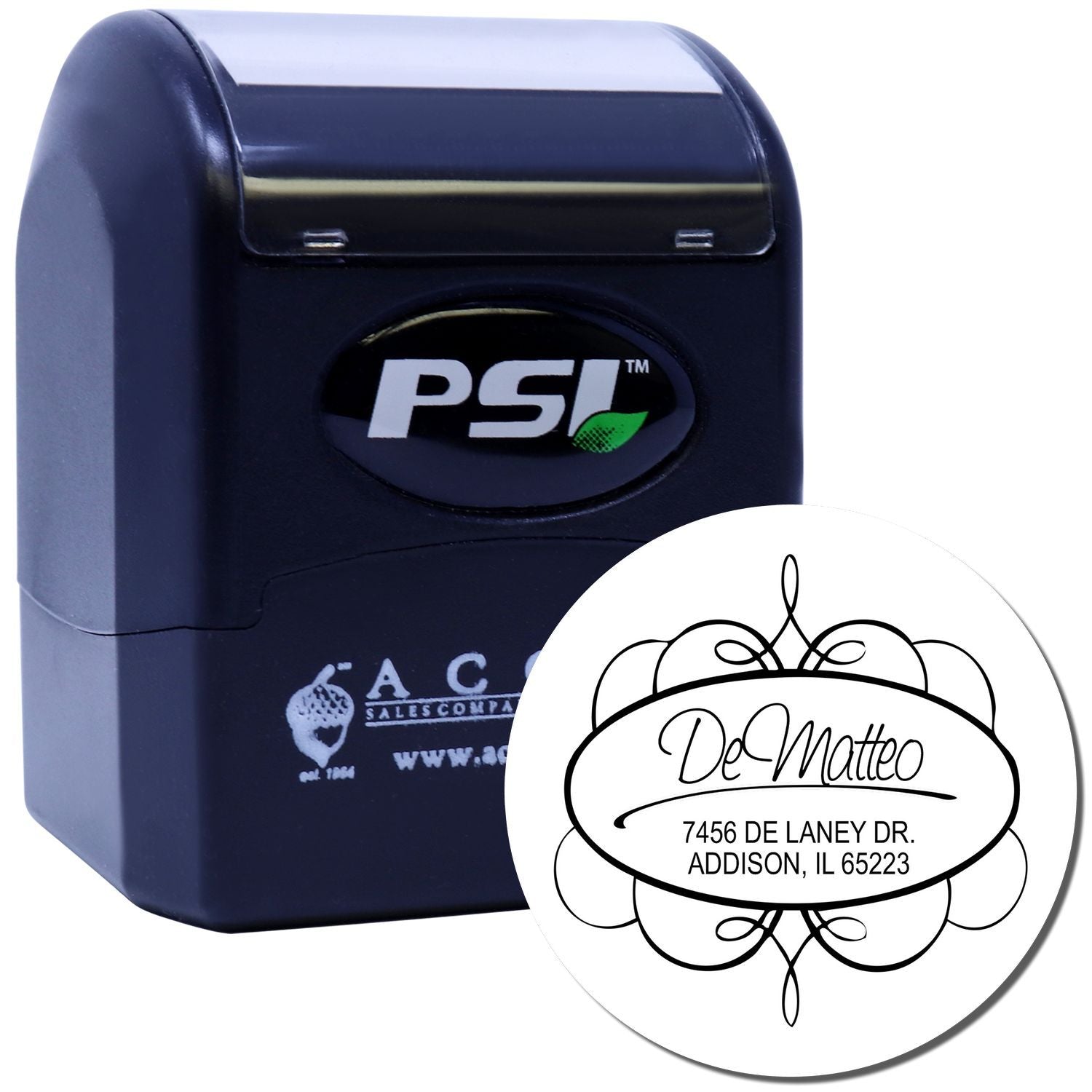 Custom self-inking PSI address stamp with decorative monogram for personalized mail and business branding.