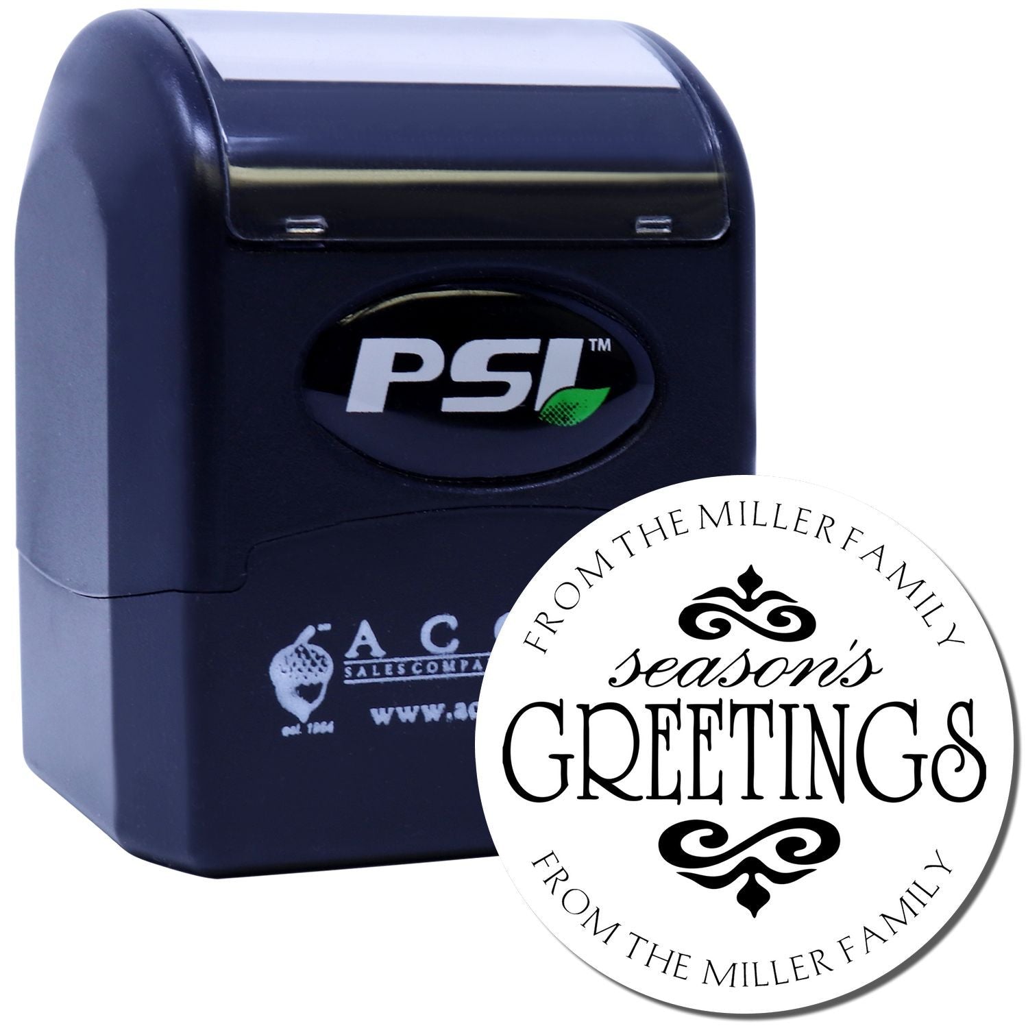 Personalized self-inking rubber stamp with PSI logo and Seasons Greetings from the Miller Family holiday message