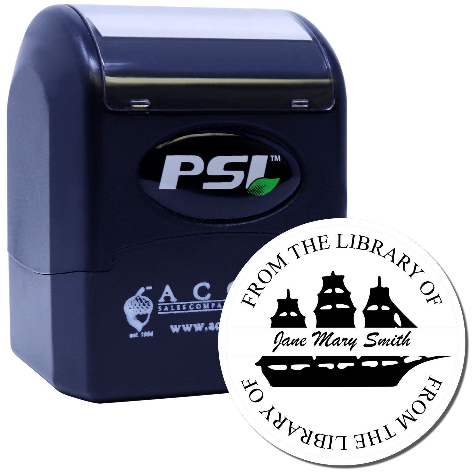 Custom self-inking rubber stamp with PSI case and From the Library of Jane Mary Smith personalized book ownership design.