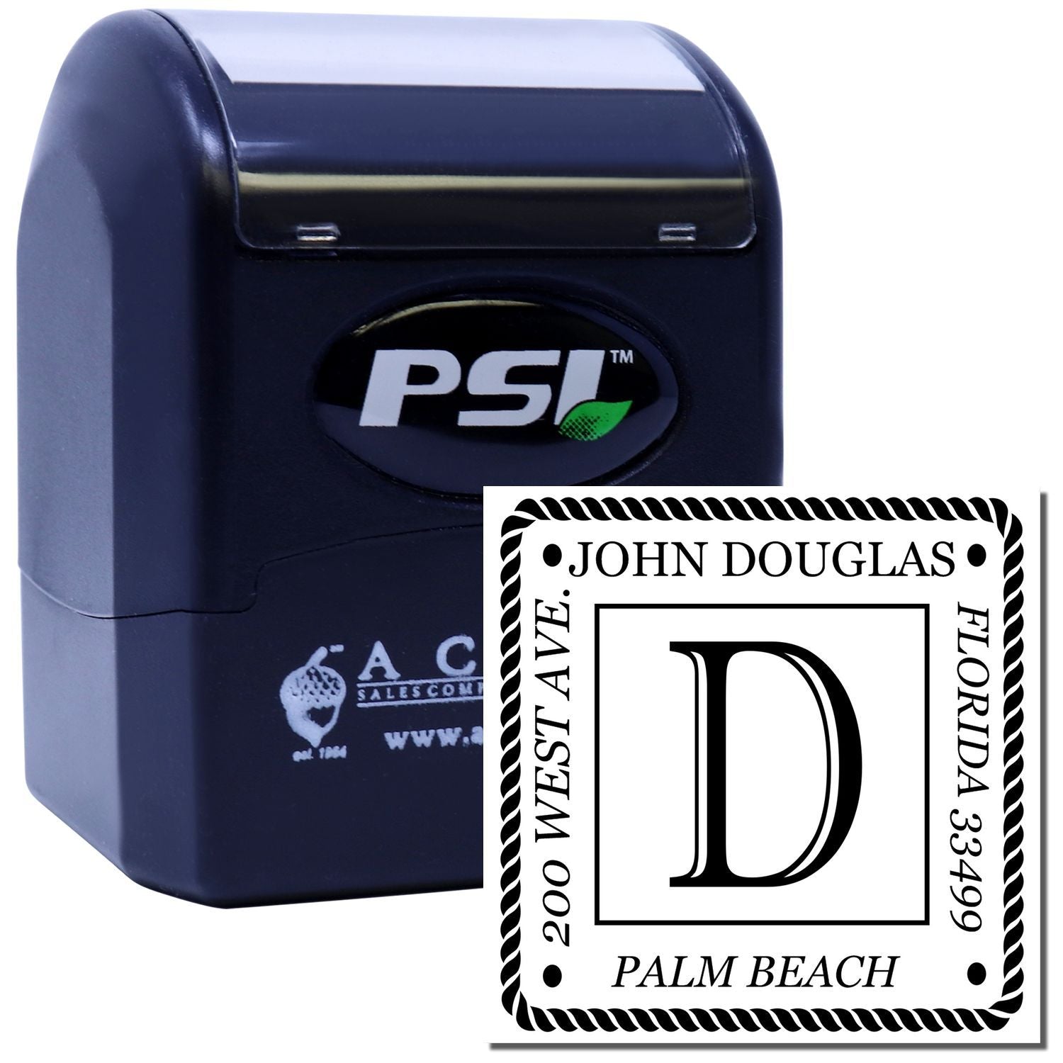 PSI self-inking custom return address stamp with monogram D, John Douglas, Palm Beach, Florida 33499.