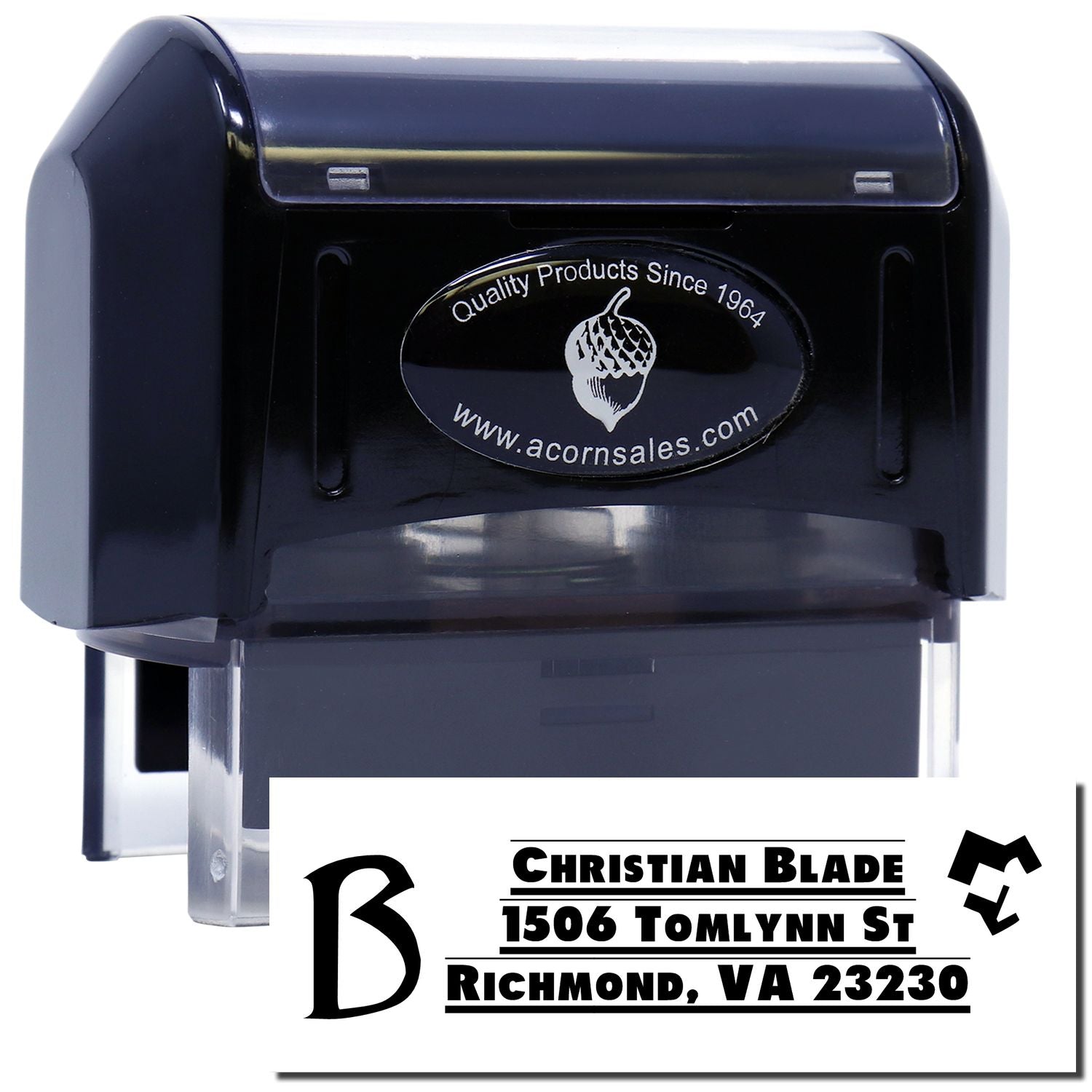 Custom self-inking rubber address stamp with business name, logo, and return address imprint.