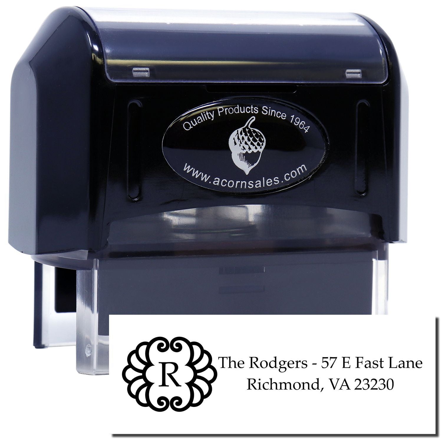 Custom self-inking address rubber stamp with monogram, ideal for return addresses, wedding stationery, and mailings.
