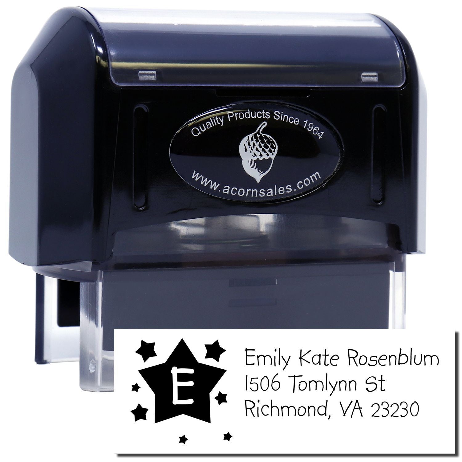 Self-inking custom return address rubber stamp with personalized monogram and name-address design for envelopes.