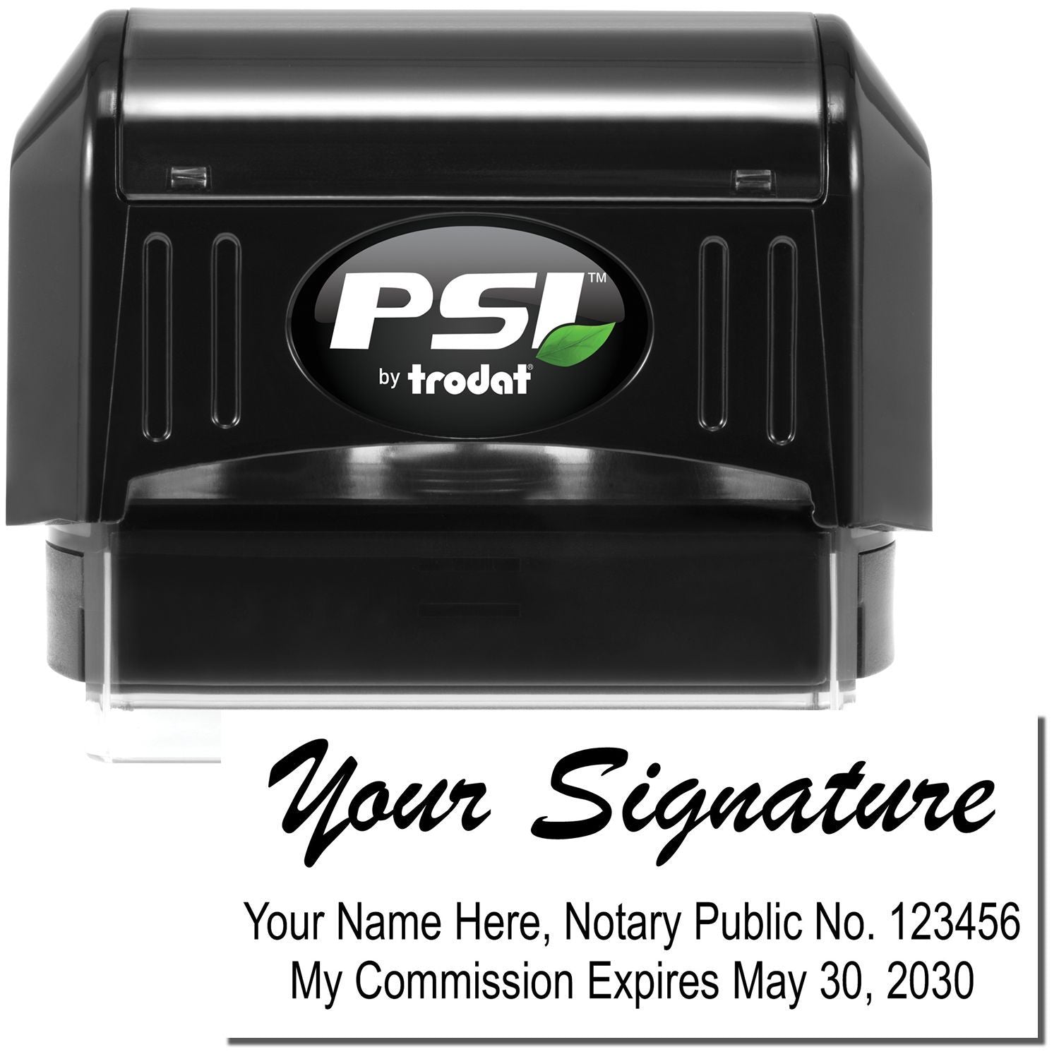 PSI by Trodat self-inking notary public signature stamp with custom name, commission number, and expiration date.
