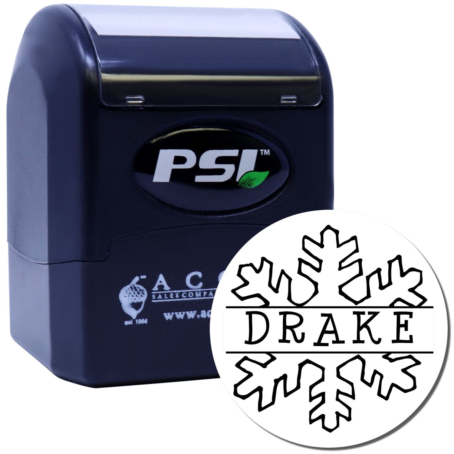 PSI self-inking custom rubber stamp with personalized Drake logo design for office branding and business use