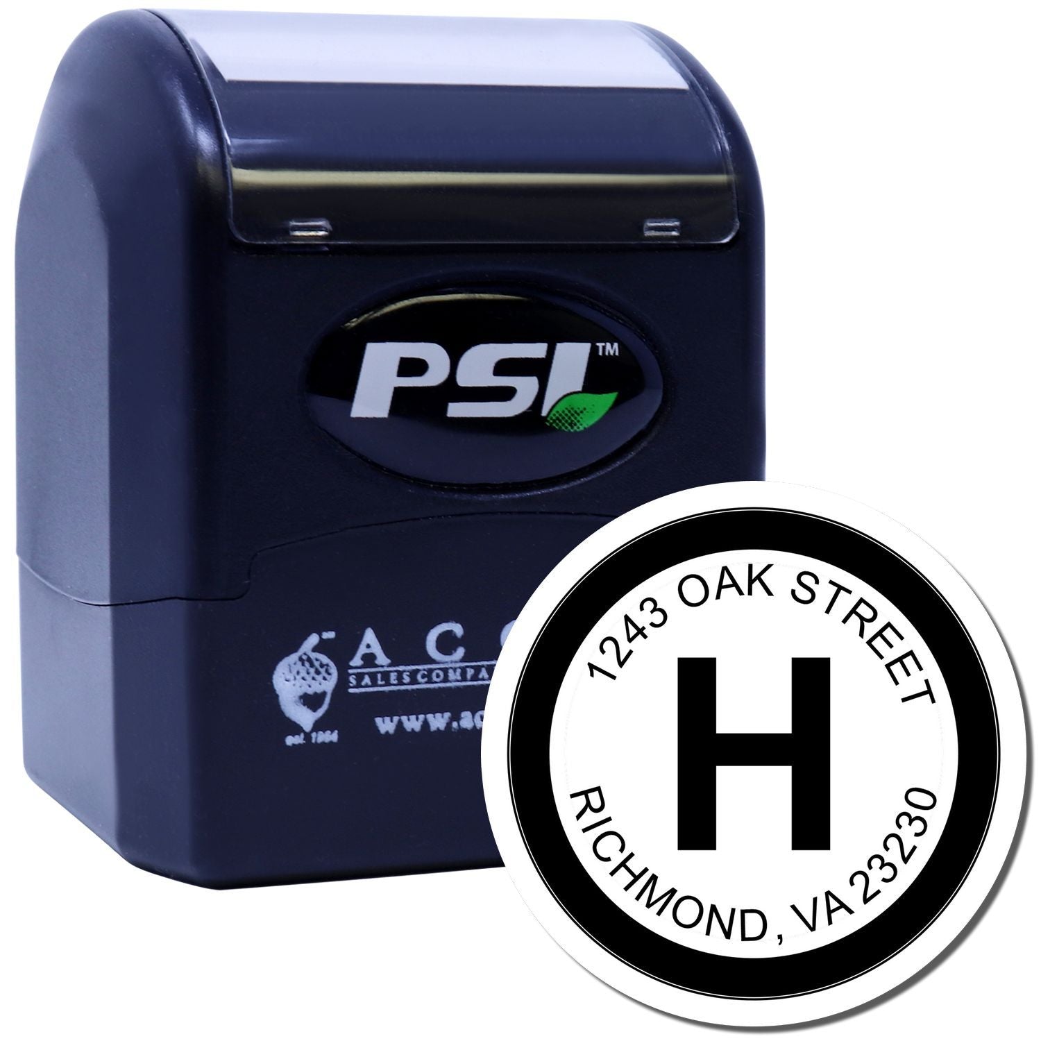 PSI self-inking rubber stamp with custom circular address stamp design for 1243 Oak Street, Richmond, VA.