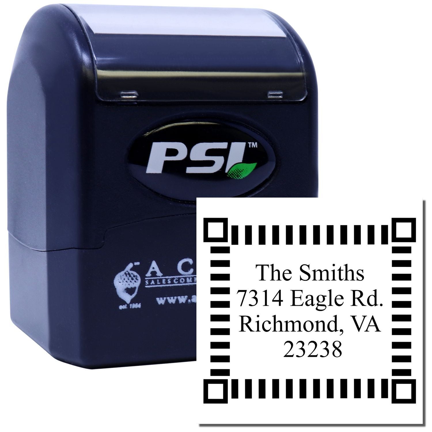 Self-inking custom address rubber stamp for The Smiths, 7314 Eagle Rd., Richmond, VA 23238.