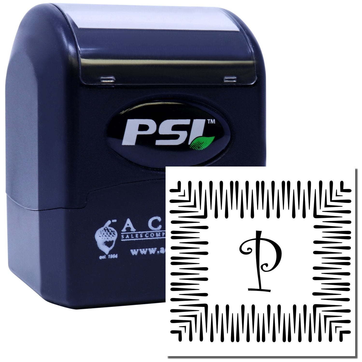 PSI self-inking rubber stamp with custom monogram P design, ideal for personalized business and office stamping.
