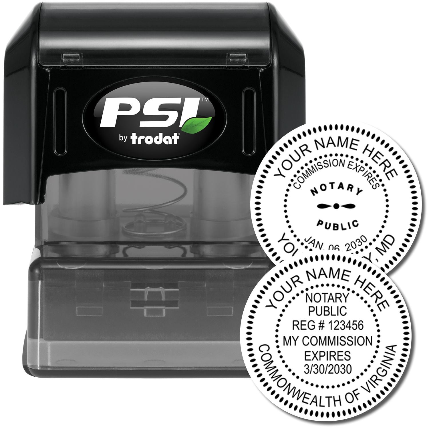 PSI by Trodat self-inking notary public stamp with custom round notary seal designs on white background.