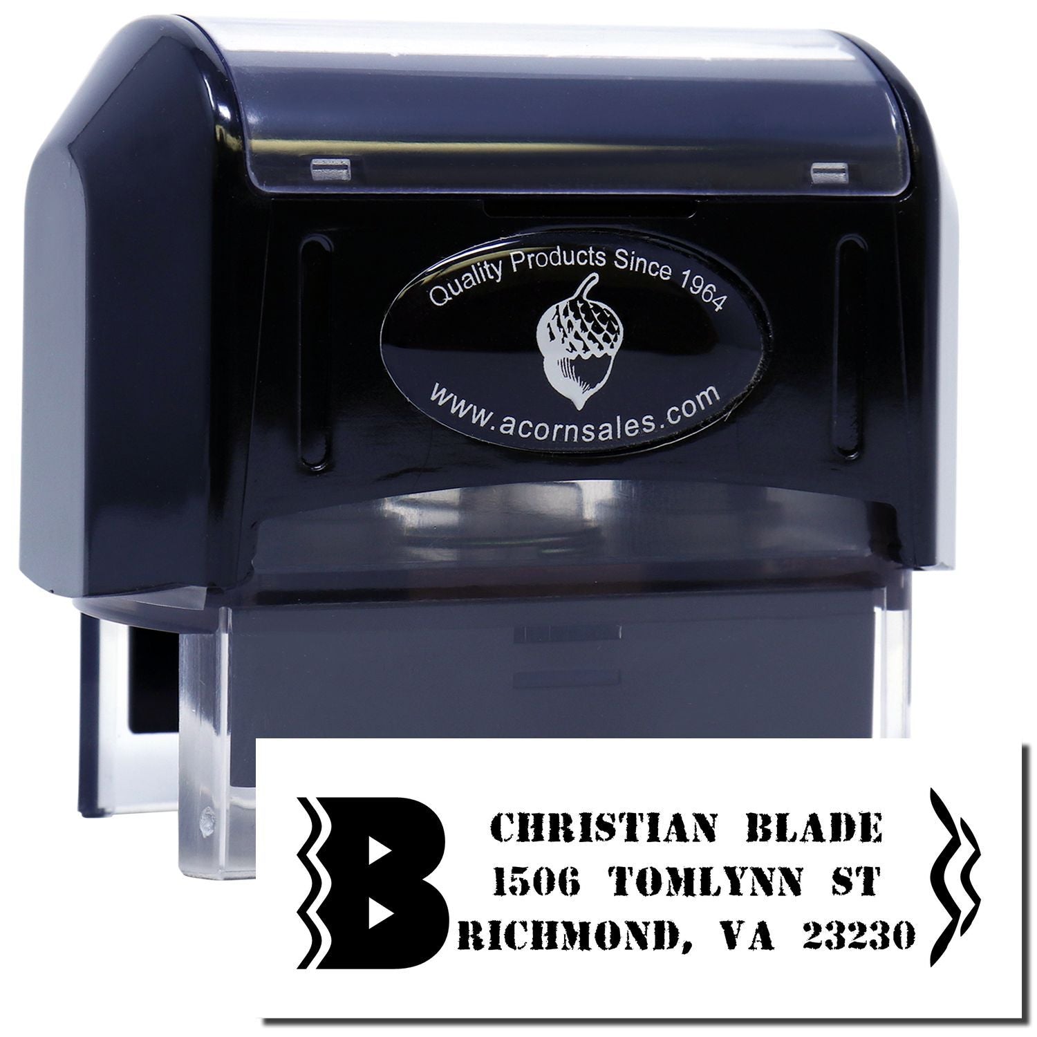 Self-inking rubber stamp with custom Christian Blade address imprint for Richmond, VA business mail.