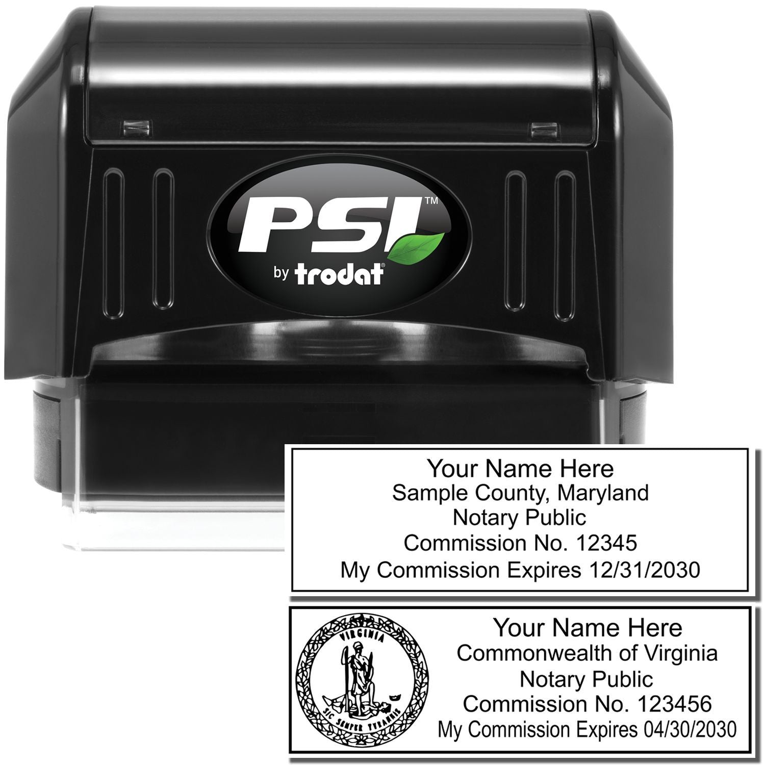 PSI by Trodat notary stamp with custom Maryland and Virginia notary public seal samples on a black self-inking stamp.