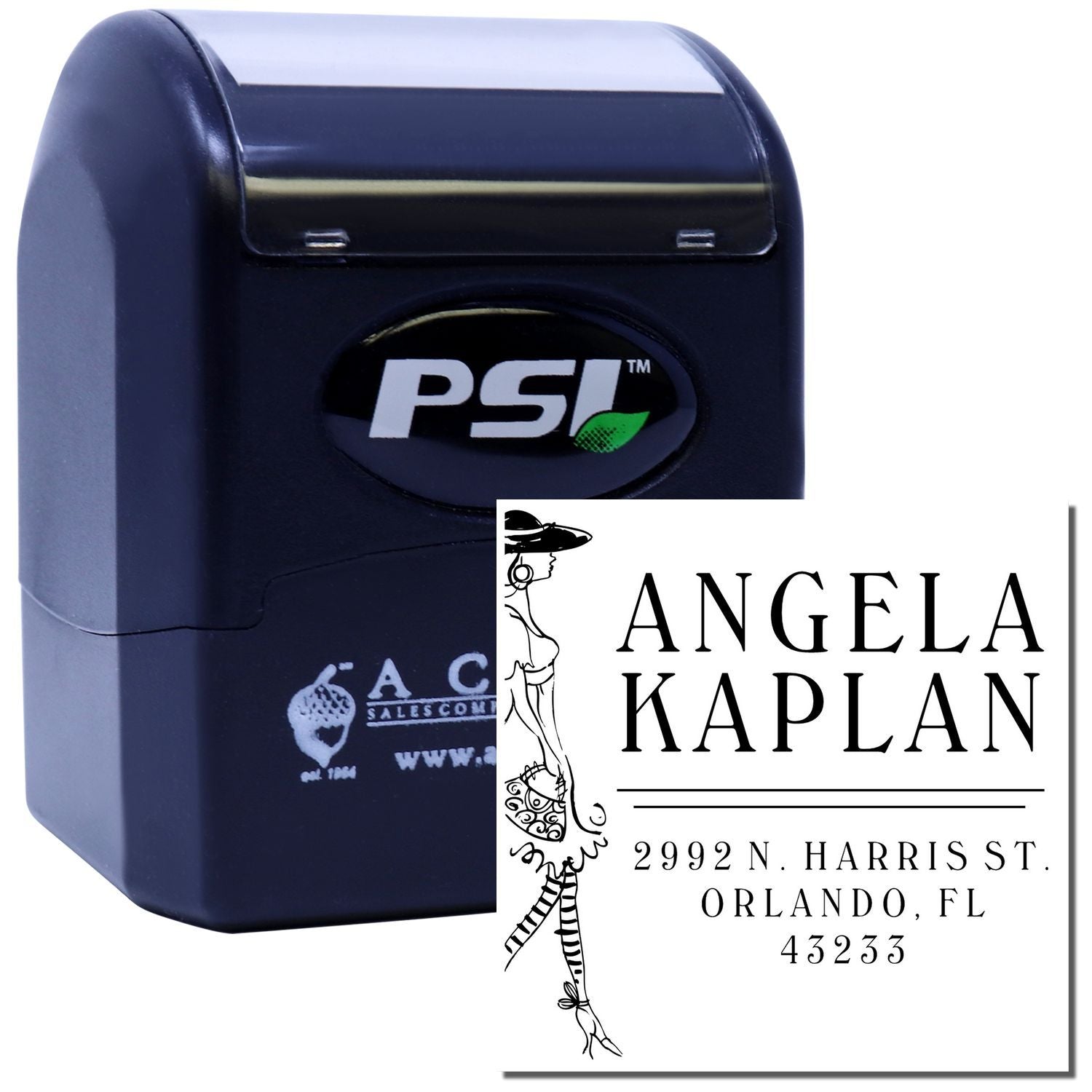 Custom self-inking rubber address stamp with PSI housing and Angela Kaplan business logo, Orlando, FL.