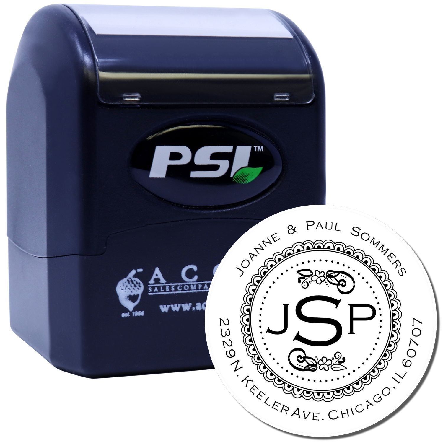 PSI self-inking rubber stamp with custom monogram address for personalized wedding invitations and mailing.