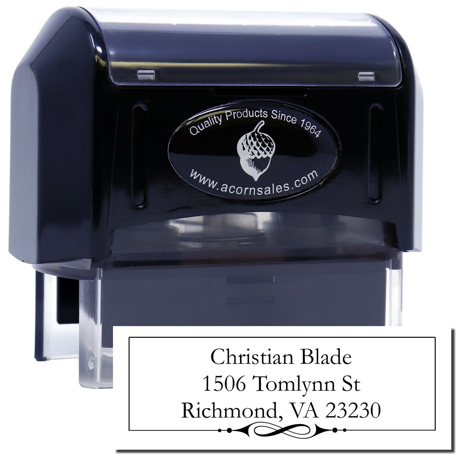 Custom self-inking address rubber stamp with personalized name and return address imprint for mailing and business use