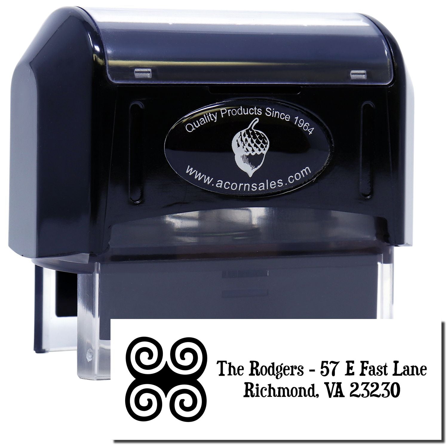 Custom self-inking rubber address stamp with personalized return address and logo design