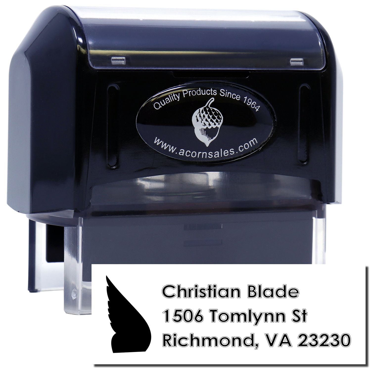 Custom self-inking rubber address stamp for Christian Blade, 1506 Tomlynn St, Richmond, VA 23230.