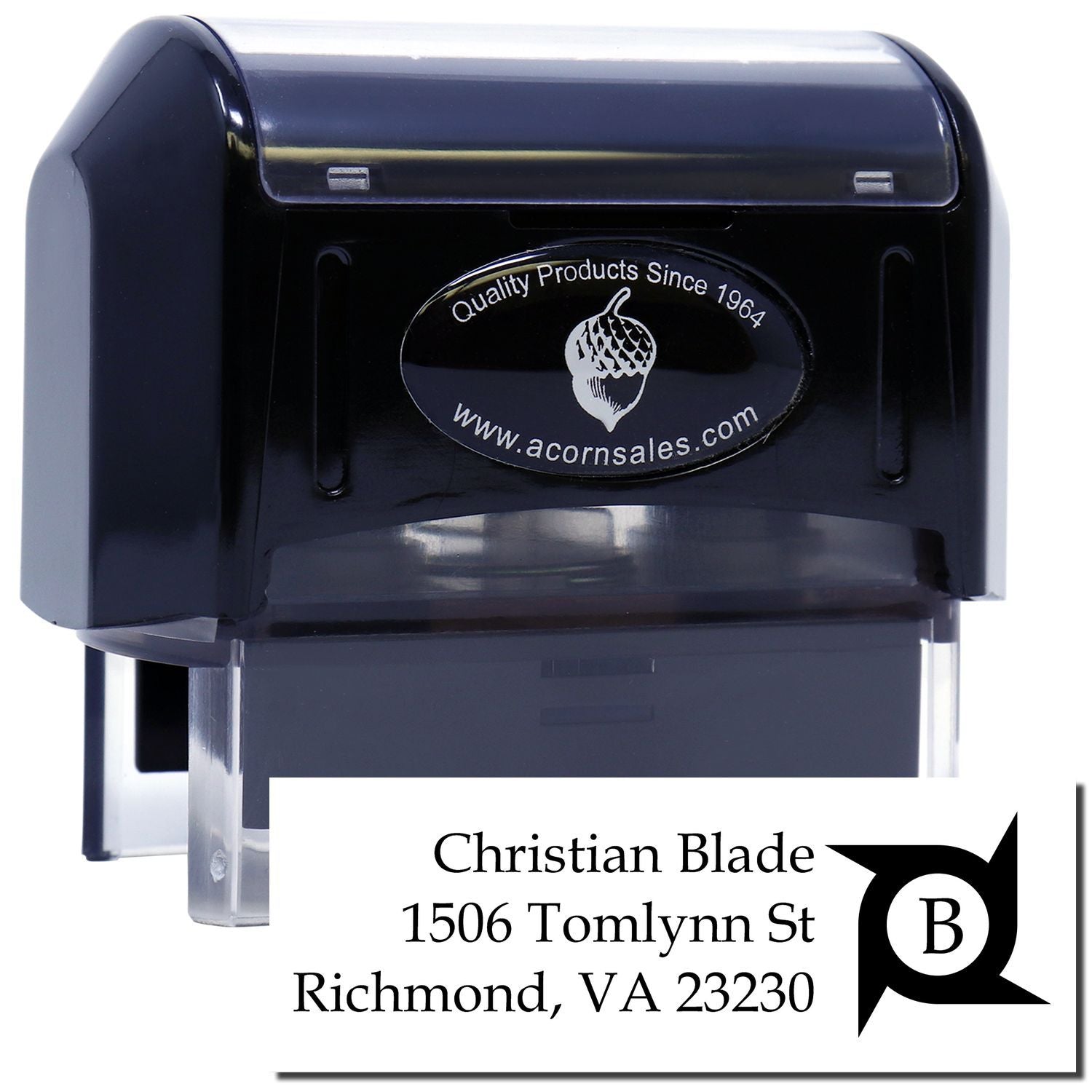 Custom self-inking rubber address stamp with Christian Blade Richmond, VA return address imprint.