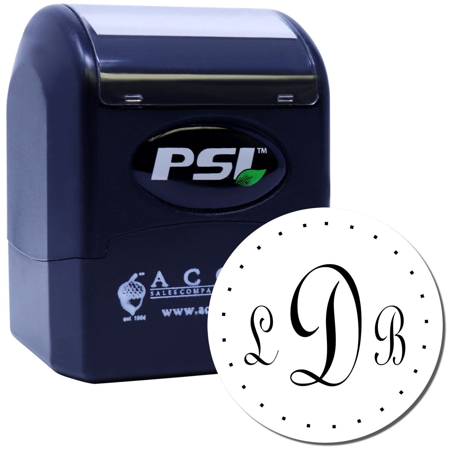 PSI self-inking custom monogram rubber stamp with decorative LDB design for personalized business or wedding use